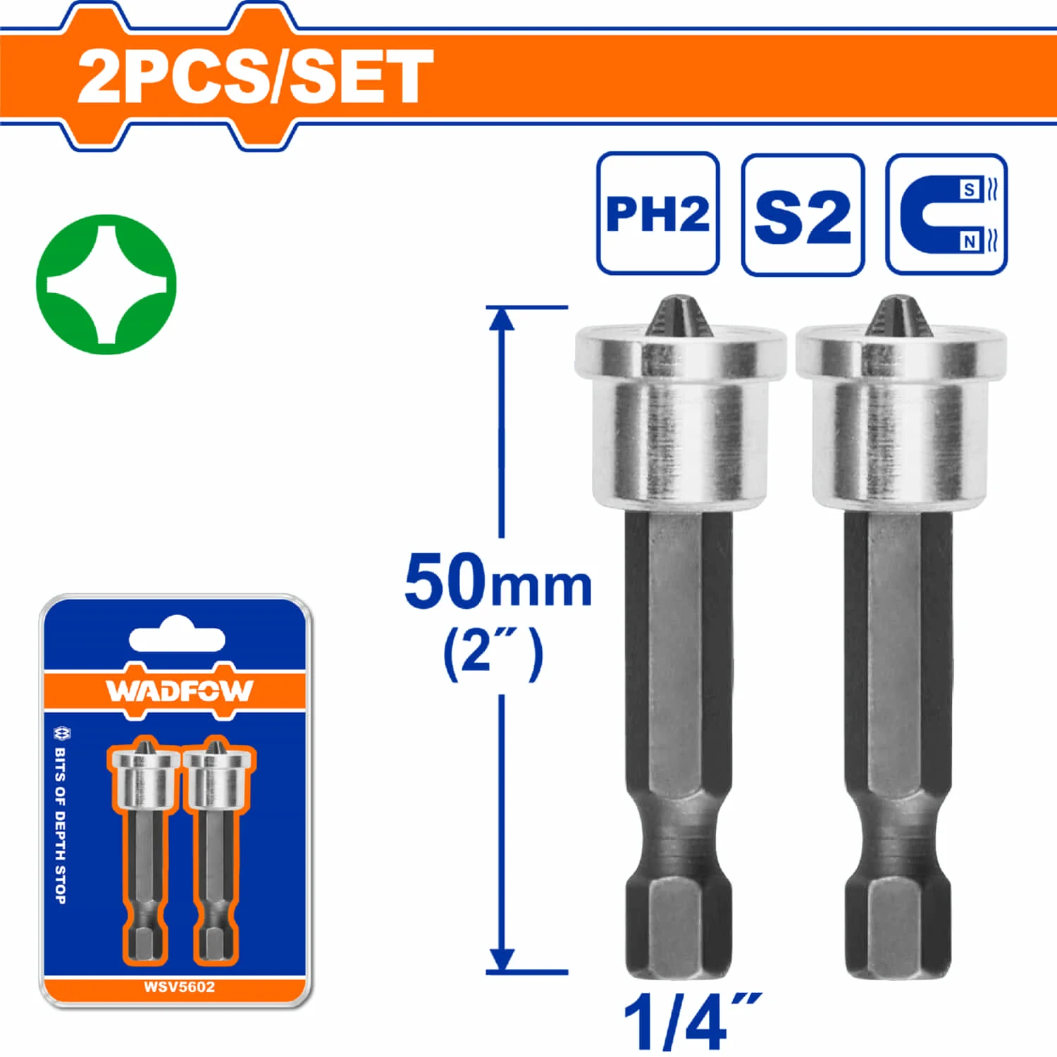 Puntas De Destornillador PH2 1/4" X 50Mm Con Limitador Acero S2 Set De 2 Piezas. Punta Con Tope.