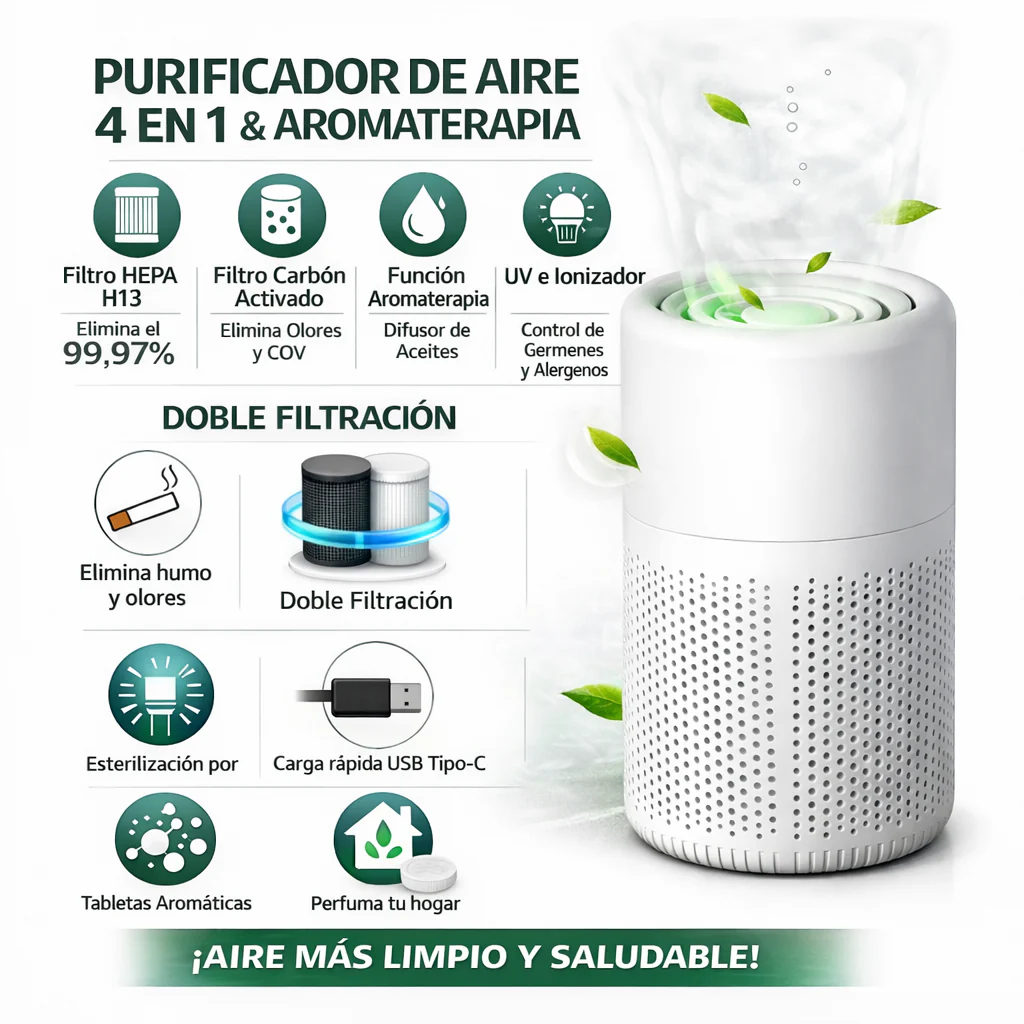 Purificador De Aire Con Filtro HEPA. Filtración De 3 Etapas.  Funcionamiento Silencioso. Alcance Hasta 50M3