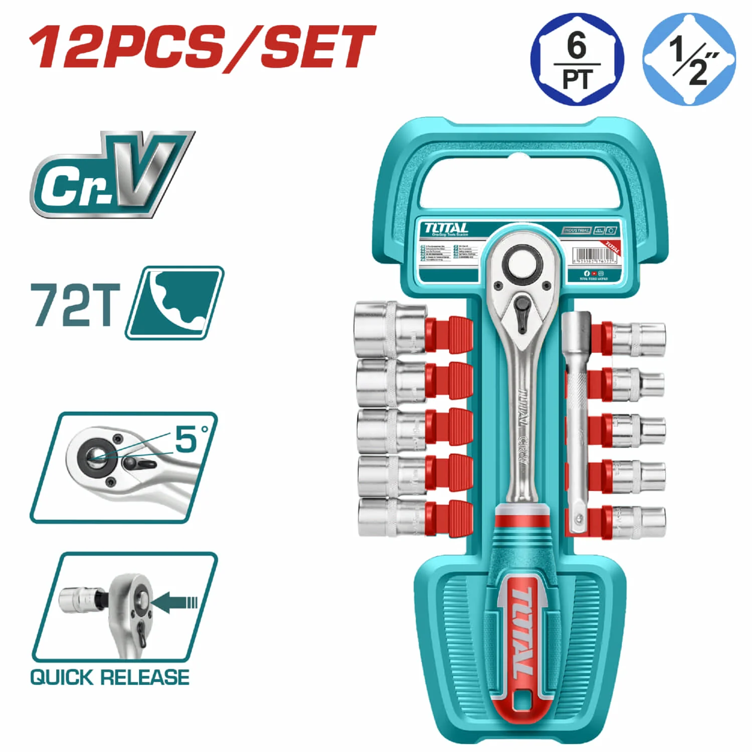 Rachet C/Socket 12PZA 1/2" 50BV30 Crv Medidas 10,11,12,13,14,15,17,19,21,24Mm 1Pcs 5" Ext Bar.