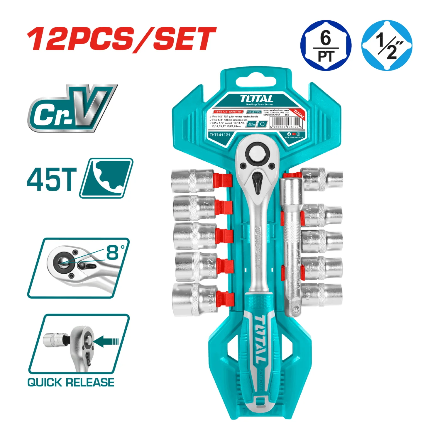 Rachet C/Socket 12PZA 1/2" 50BV30 Crv Medidas 10,11,12,13,14,15,17,19,21,24Mm 1Pcs 5" Ext Bar. - Image 2