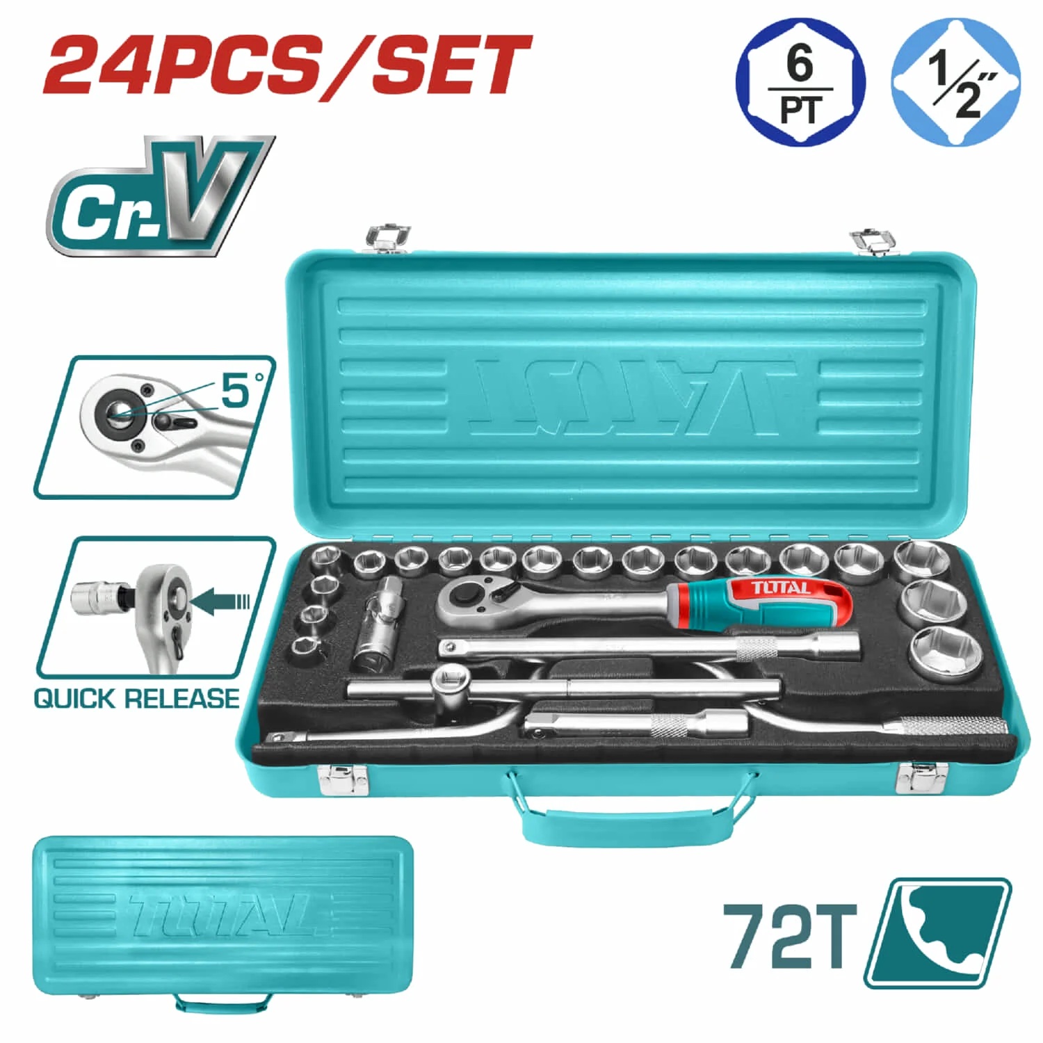 Rachet C/Socket 24PZA 1/2" CRV DR Socket:10,11,12,13,14,15,16,17,18,19,20,21,22,23,24,27,30,32.