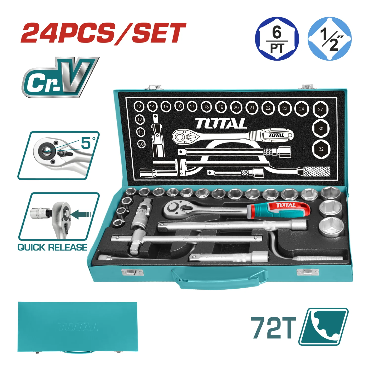 Rachet C/Socket 24PZA 1/2" CRV DR Socket:10,11,12,13,14,15,16,17,18,19,20,21,22,23,24,27,30,32. - Image 2