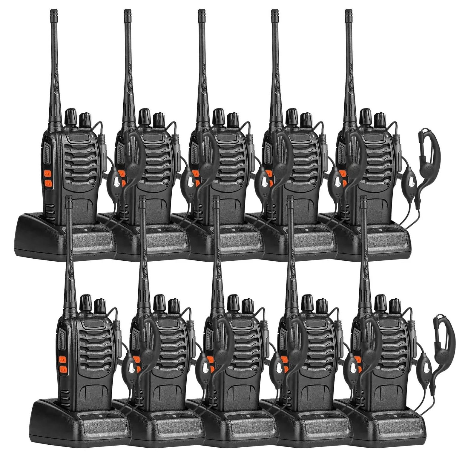 Radios Walkie Talkie Baofeng Con Cargador Y Auricular Color Negro 400-470 Bidireccionales De Mano Recargables De 16 Canales (Paquete De 10)