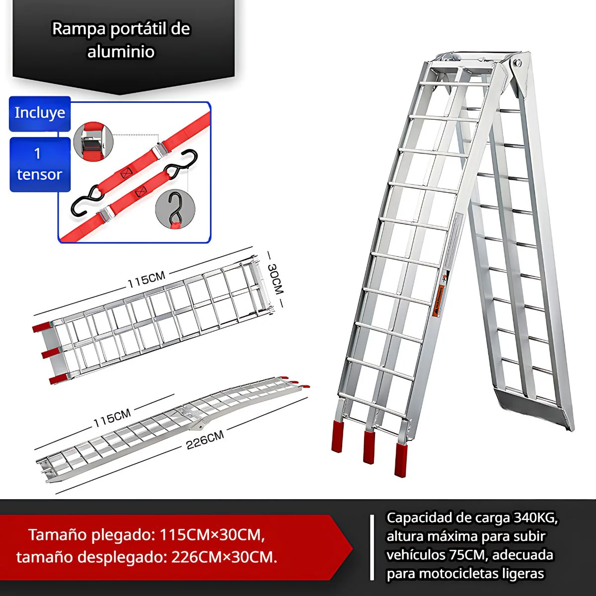 Rampa Portátil Plegable De Aluminio Para Motocicletas. 116 X 33 X 16 Cm. Rampa Para Moto. - Image 4