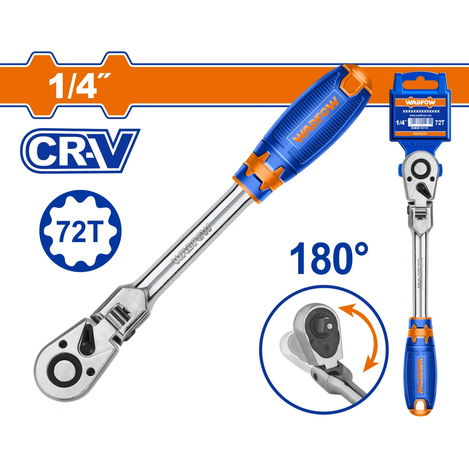Ratchet De Cabeza Flexible 1/4". Cr-V.72 Dientes. Rota 180º. Long: 200Mm. Térmico. Cromado. - Image 2