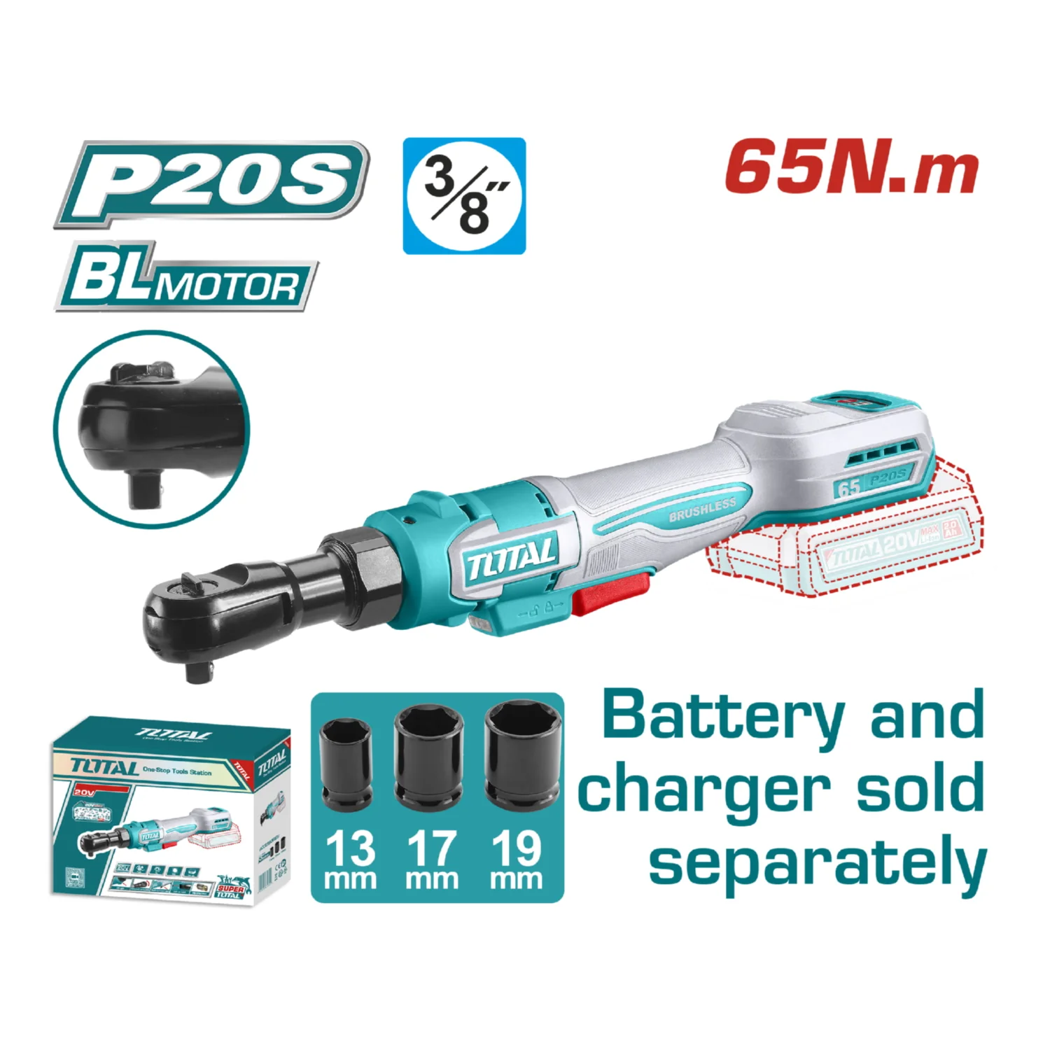 Ratchet Inalámbrico 20V De 3/8" 65Nm 0-350Rpm Incluye 3 Llaves. Batería Y Cargador Por Separado.