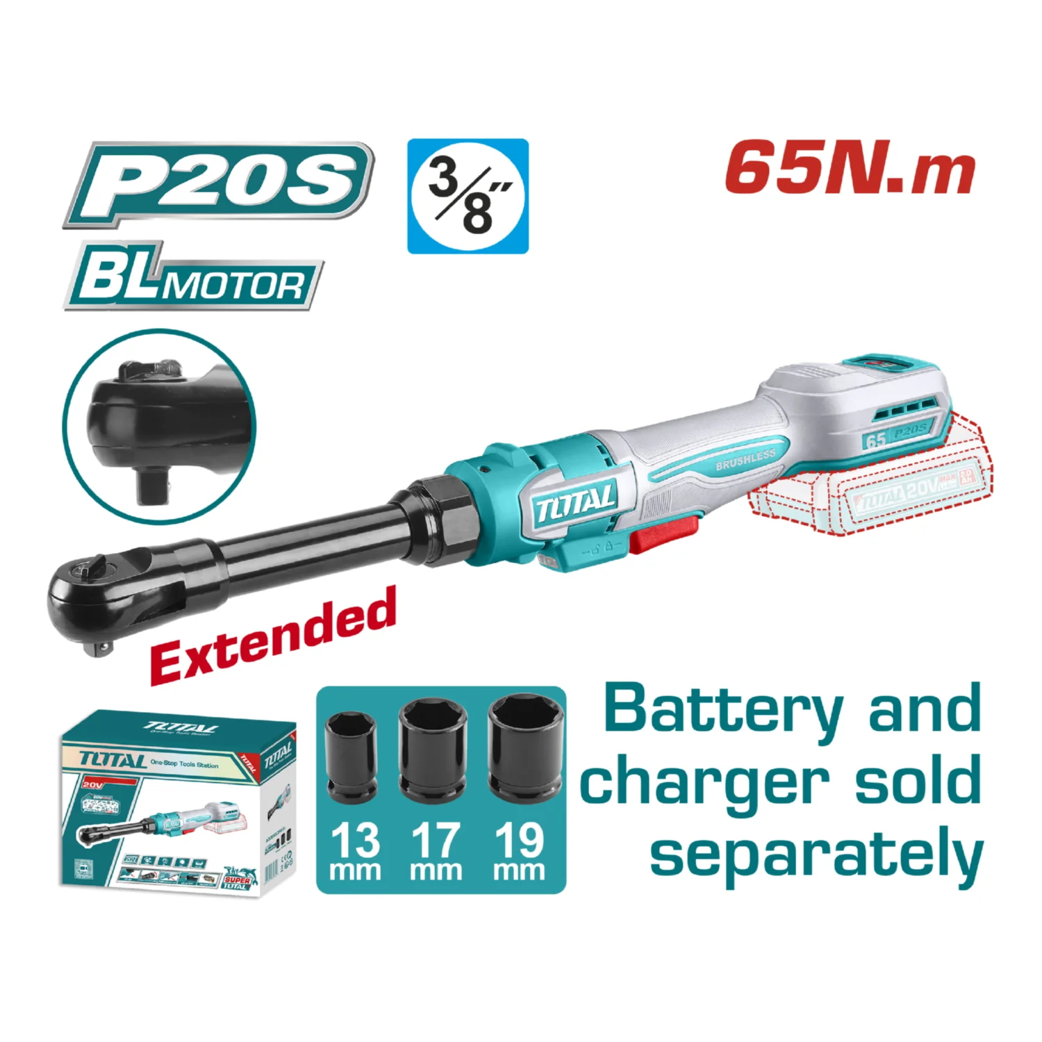 Ratchet Inalámbrico Extensible 20V De 3/8" 65Nm 0-350Rpm Incluye 3 Llaves. Batería Y Cargador Por Separado.