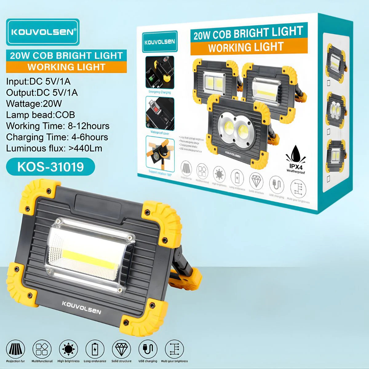 Reflector LED Portátil. Lampara De Trabajo 20W COB IPX4. Luz Recargable Con Soporte Giratorio 180°. Función Power Bank USB.