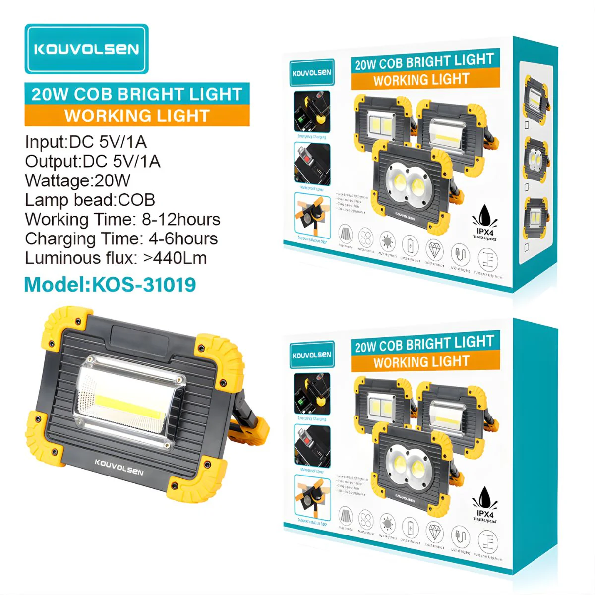 Reflector LED Portátil. Lampara De Trabajo 20W COB IPX4. Luz Recargable Con Soporte Giratorio 180°. Función Power Bank USB. - Image 2