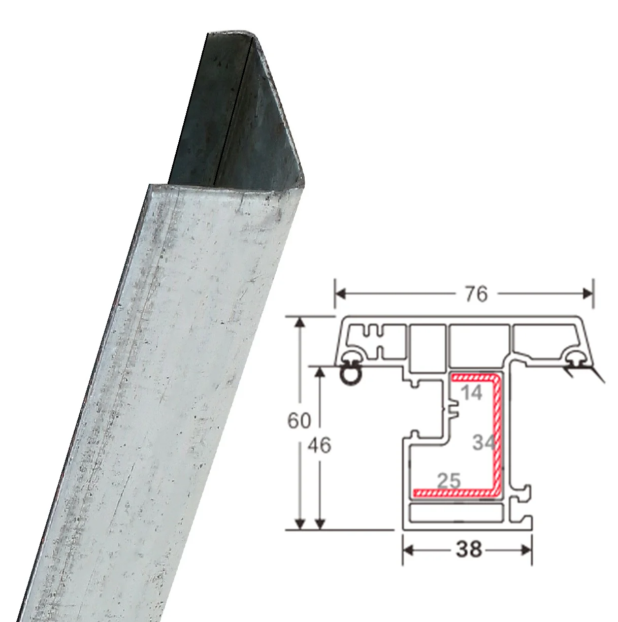 Refuerzo De Acero 1.2Mm Perfil "U" 14×34×25Mm Para Hoja De Ventana Apertura Externa HAT003 Serie Abatible Upview 60Mm 5.9M