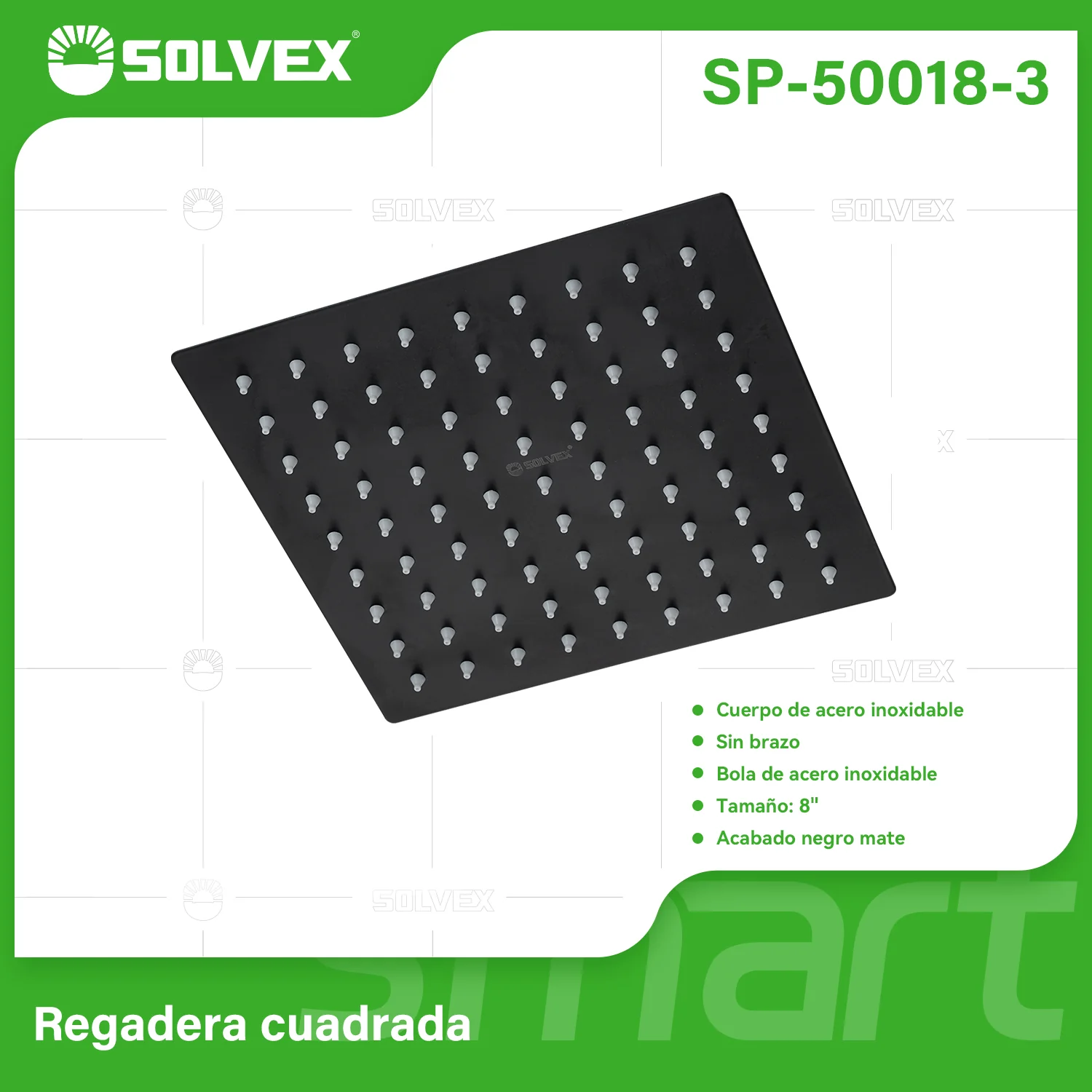 Regadera Para Ducha Cuadrada 8". Cabezal De Acero Inoxidable Con Acabado Negro Mate.