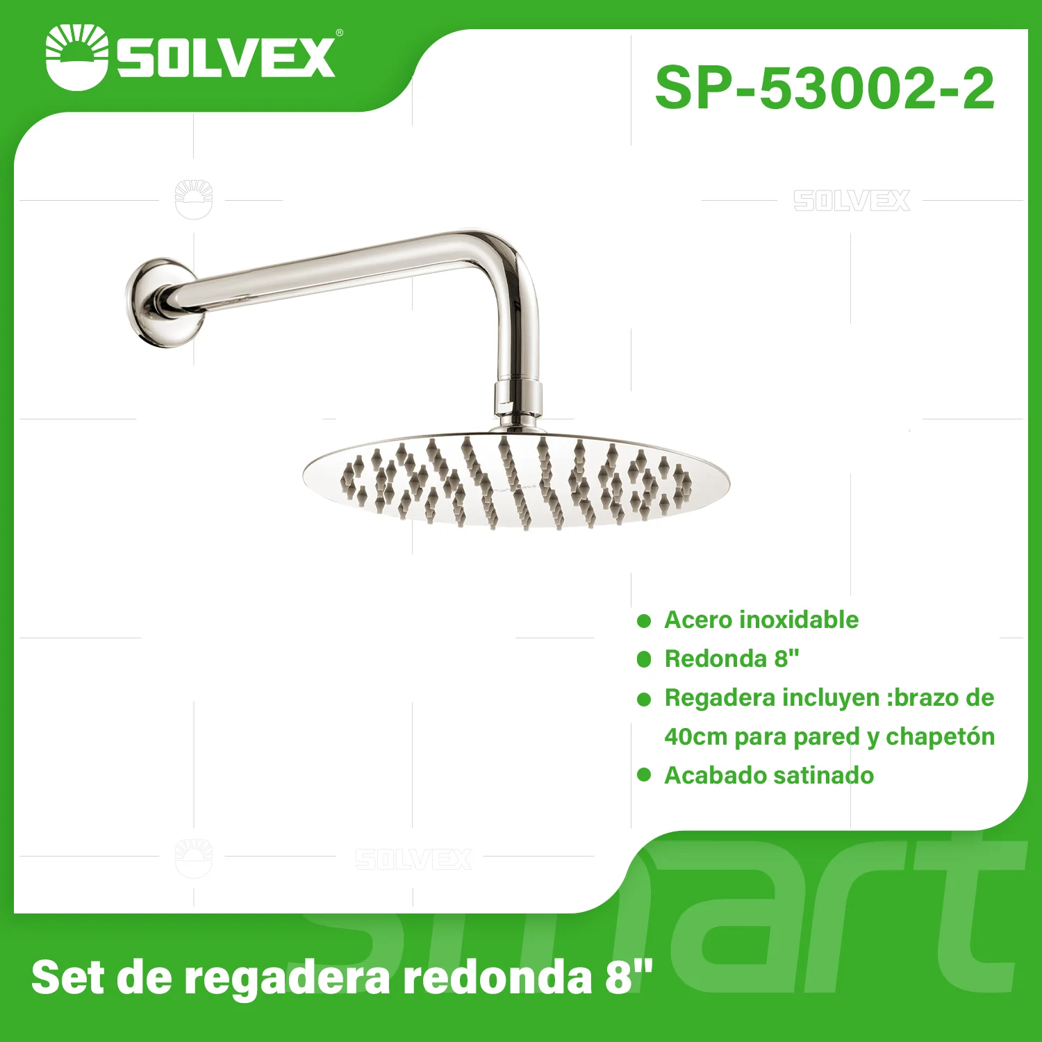 Regadera Para Ducha Redonda 8". Acero Inoxidable Con Brazo Y Chapetón. Acabado Satinado Cepillado.