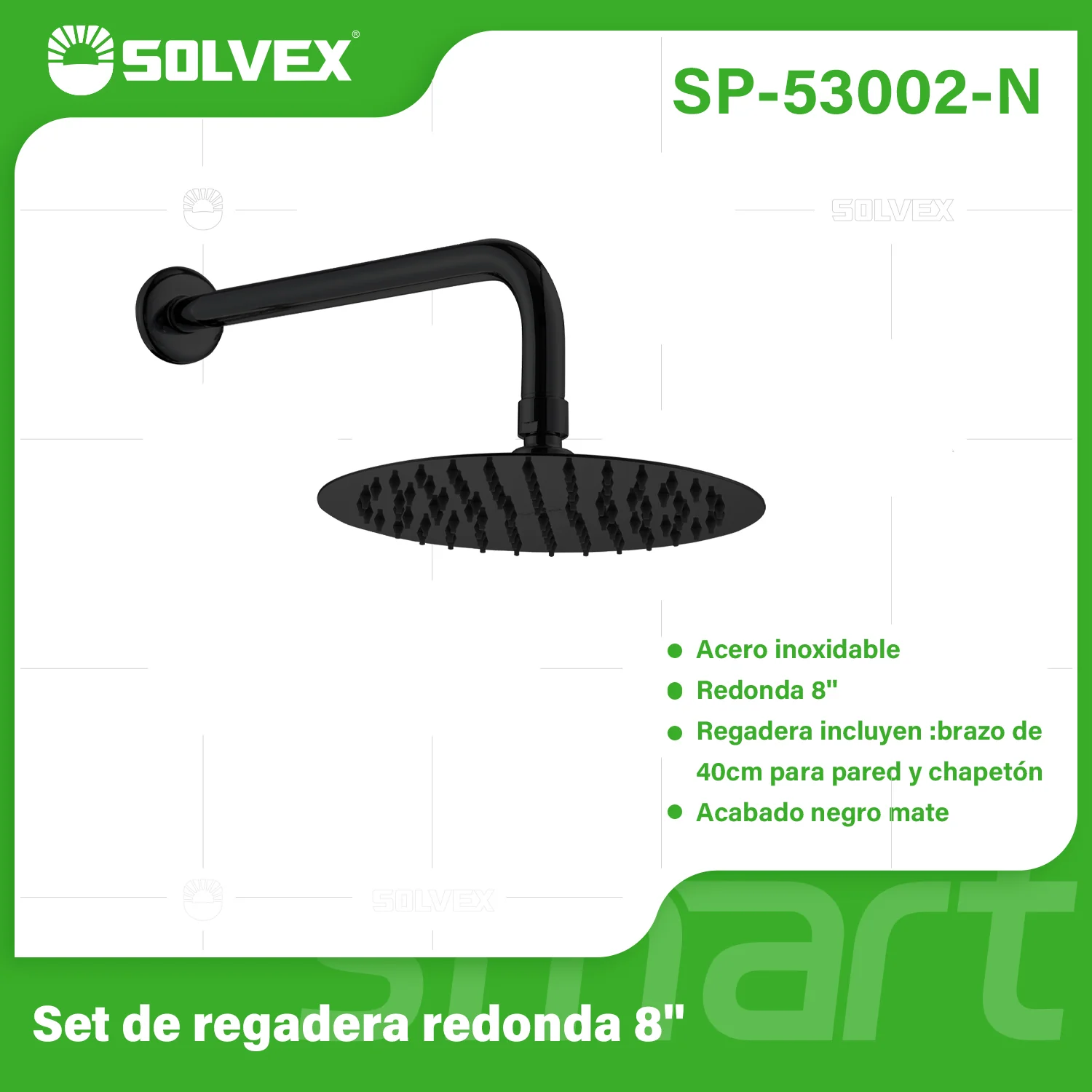 Regadera Para Ducha Redonda 8". Acero Inoxidable Con Brazo Y Chapetón. Color Negro.