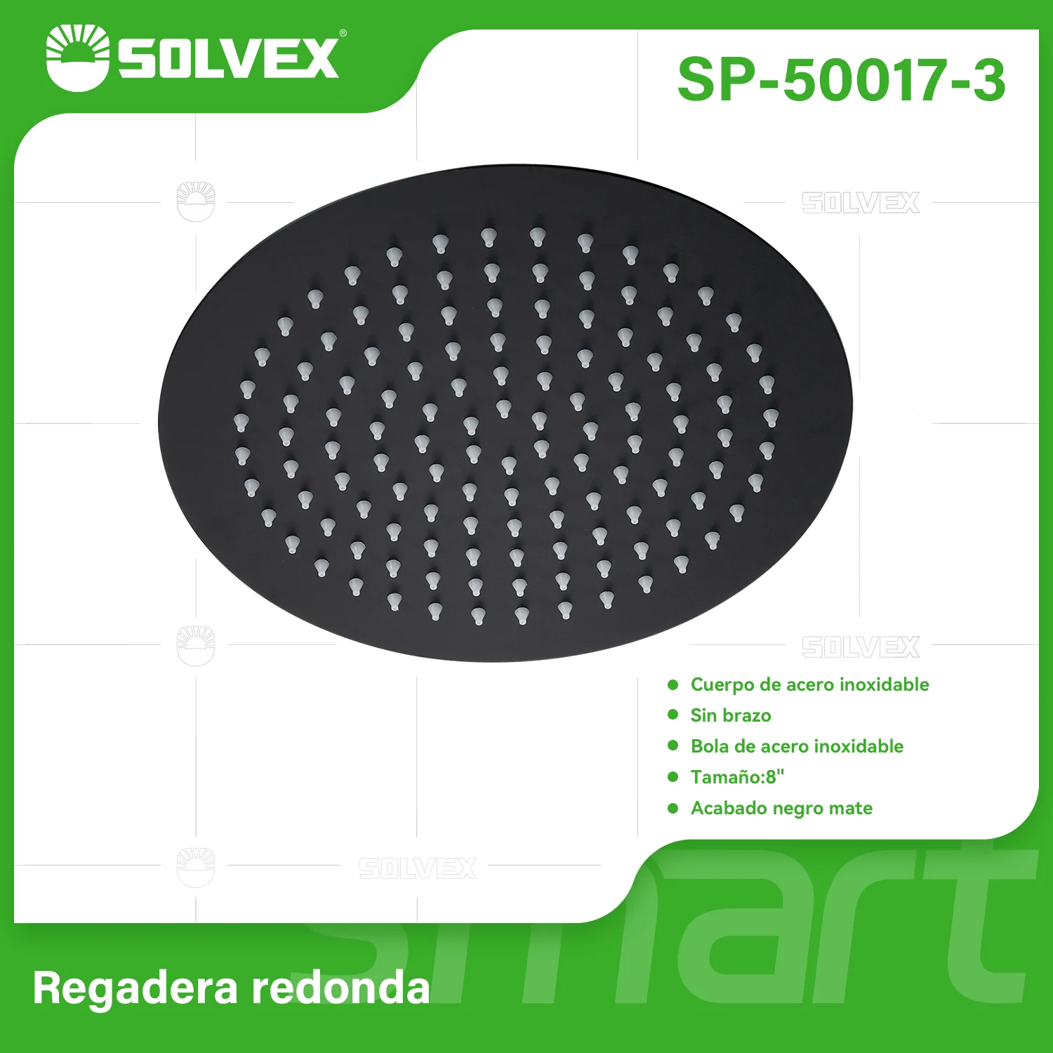 Regadera Para Ducha Redonda 8". Cabezal De Acero Inoxidable Con Acabado Negro Mate.