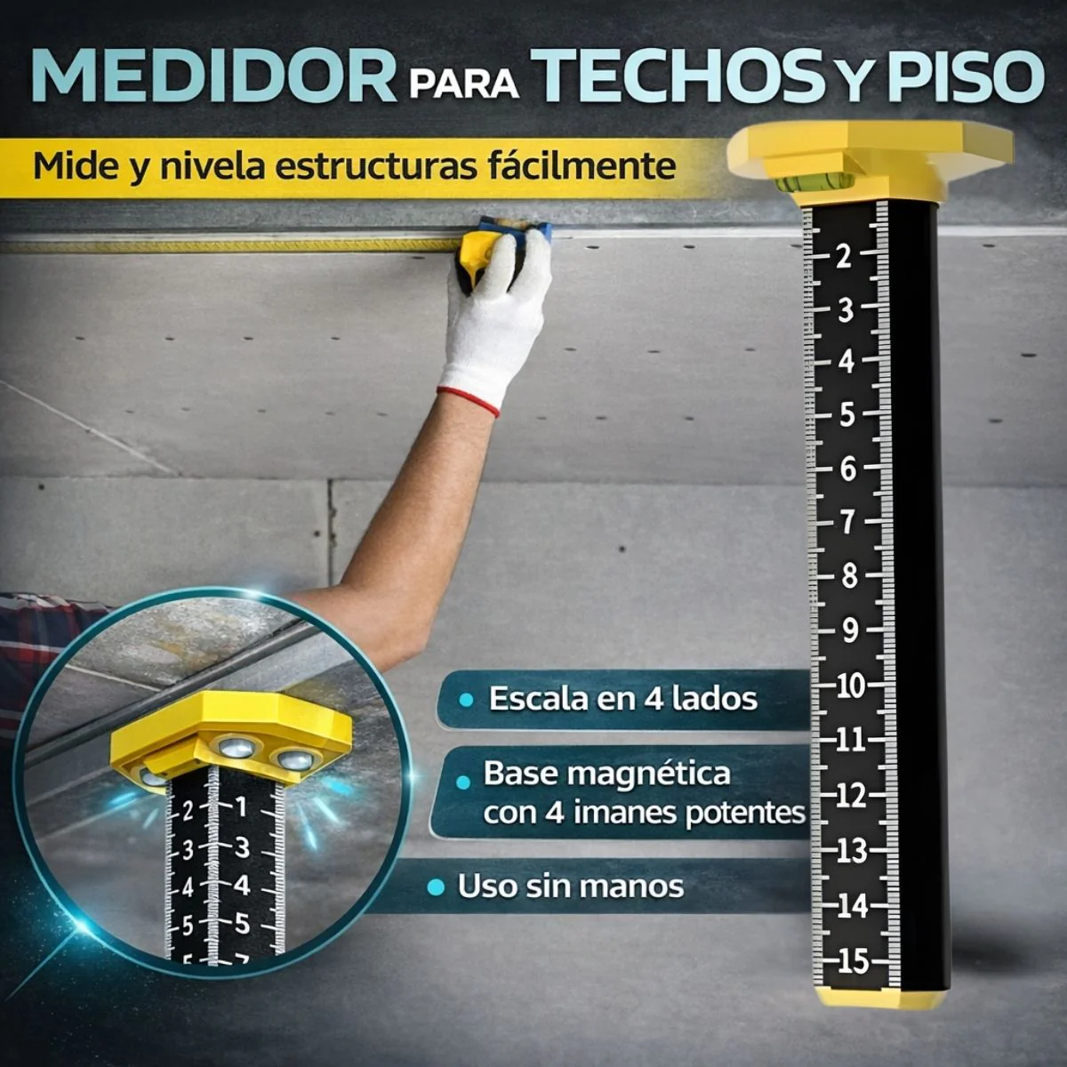 Regla Niveladora De Altura Magnética 4 Caras De 16Cm Con Burbuja. Ideal Para Instalación De Azulejos Y Cerámica.