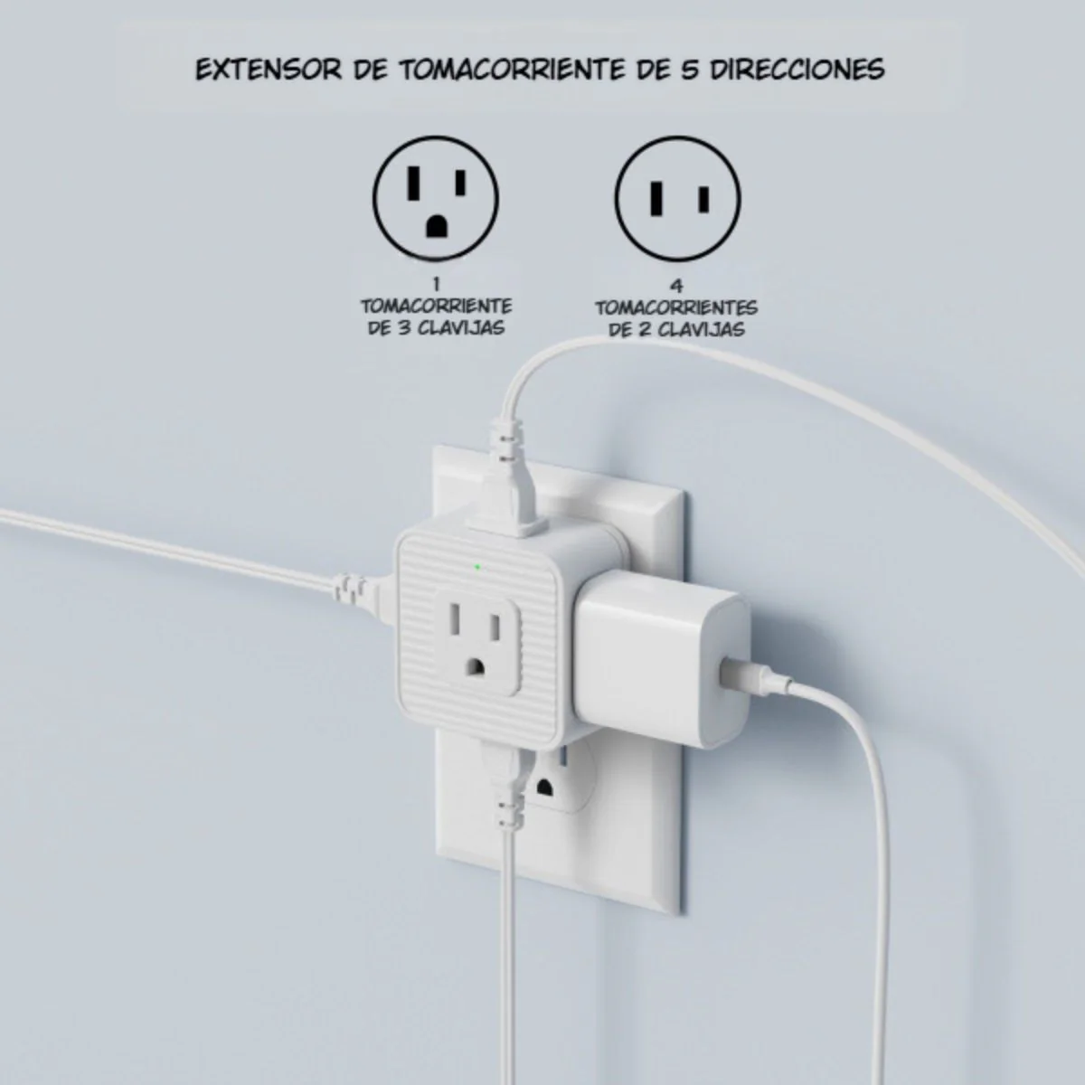Regleta T Extensor De Tomacorrientes De Pared 5 En 1. Adaptador De Enchufe Compacto. Multiplicador De Tomas Eléctricas. - Image 3