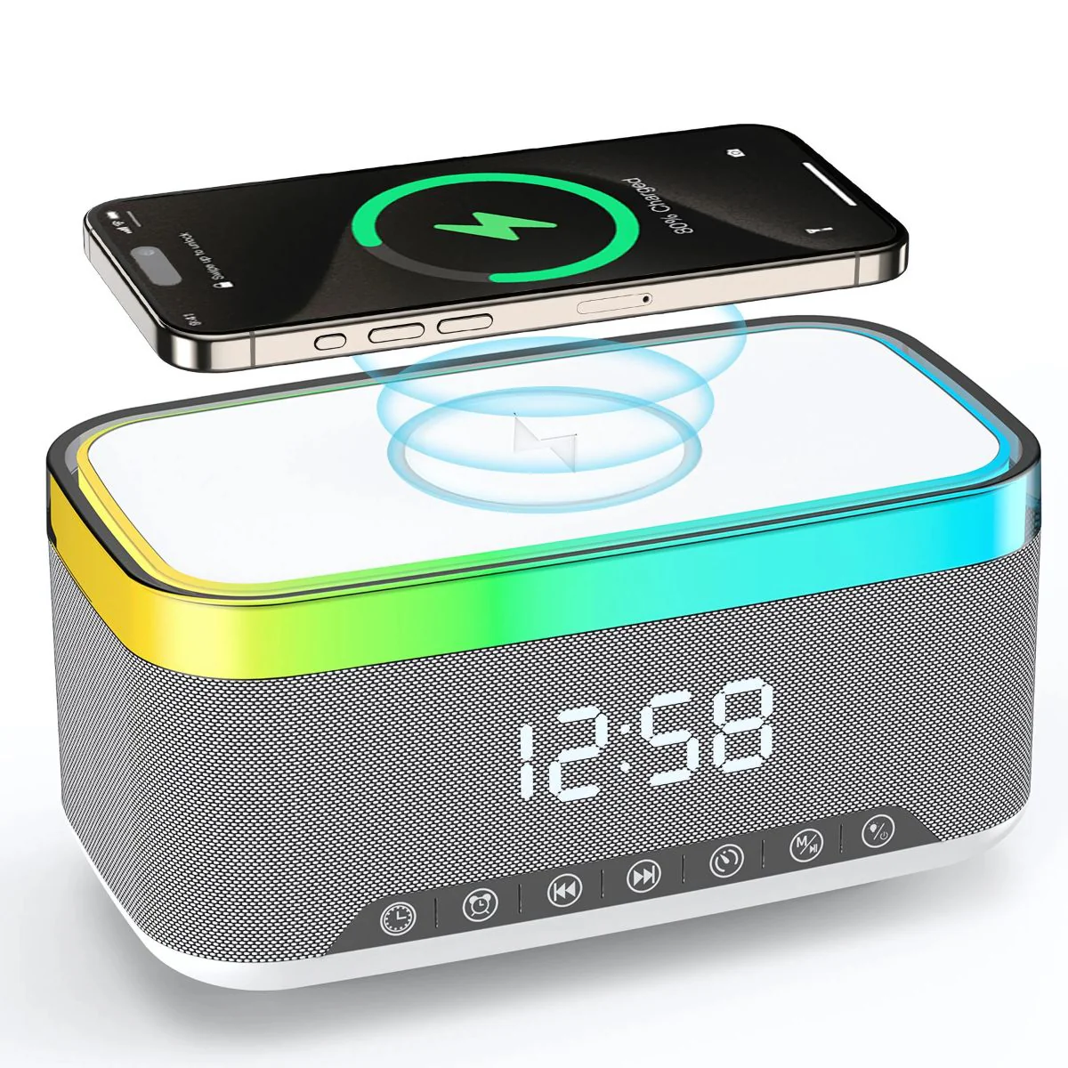 Reloj Despertador Digital Con Bocina Bluetooth. Cargador Inalámbrico Para Celulares. Radio FM Y Temporizador. Lampara De Noche