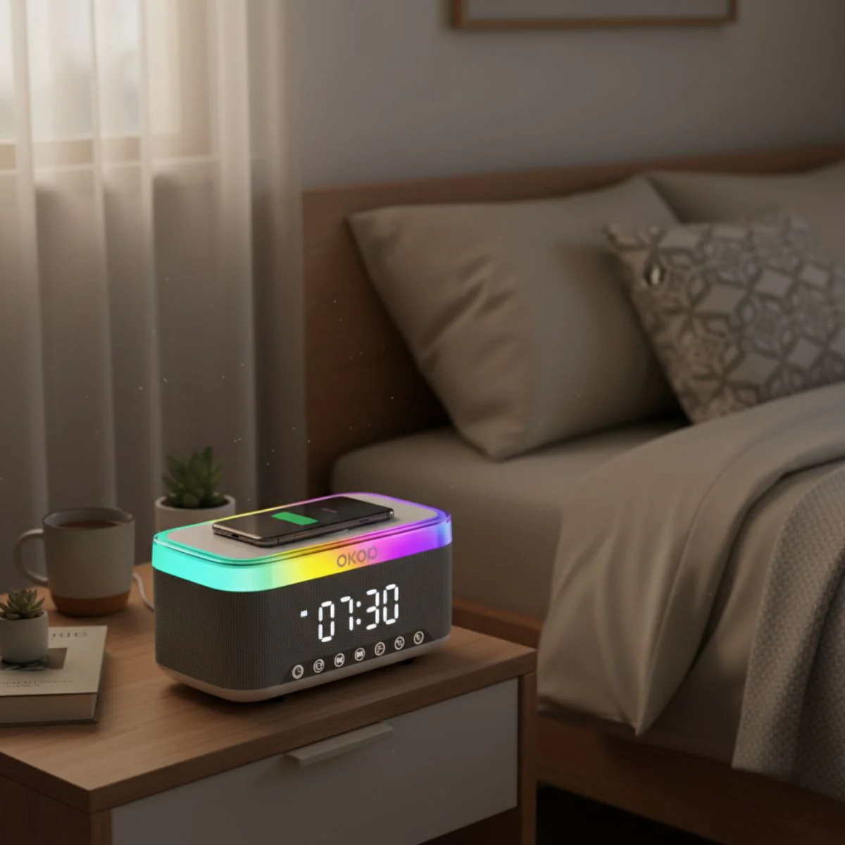 Reloj Despertador Digital Con Bocina Bluetooth. Cargador Inalámbrico Para Celulares. Radio FM Y Temporizador. Lampara De Noche - Image 2