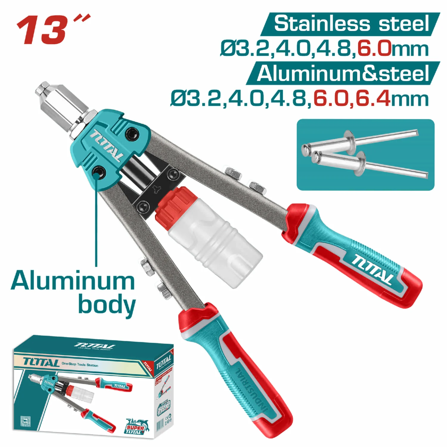 Remachadora 13". Para Remaches 3.2Mm,4Mm,4.8Mm,6.0Mm En Aluminio, Acero Y Acero Inoxidable.