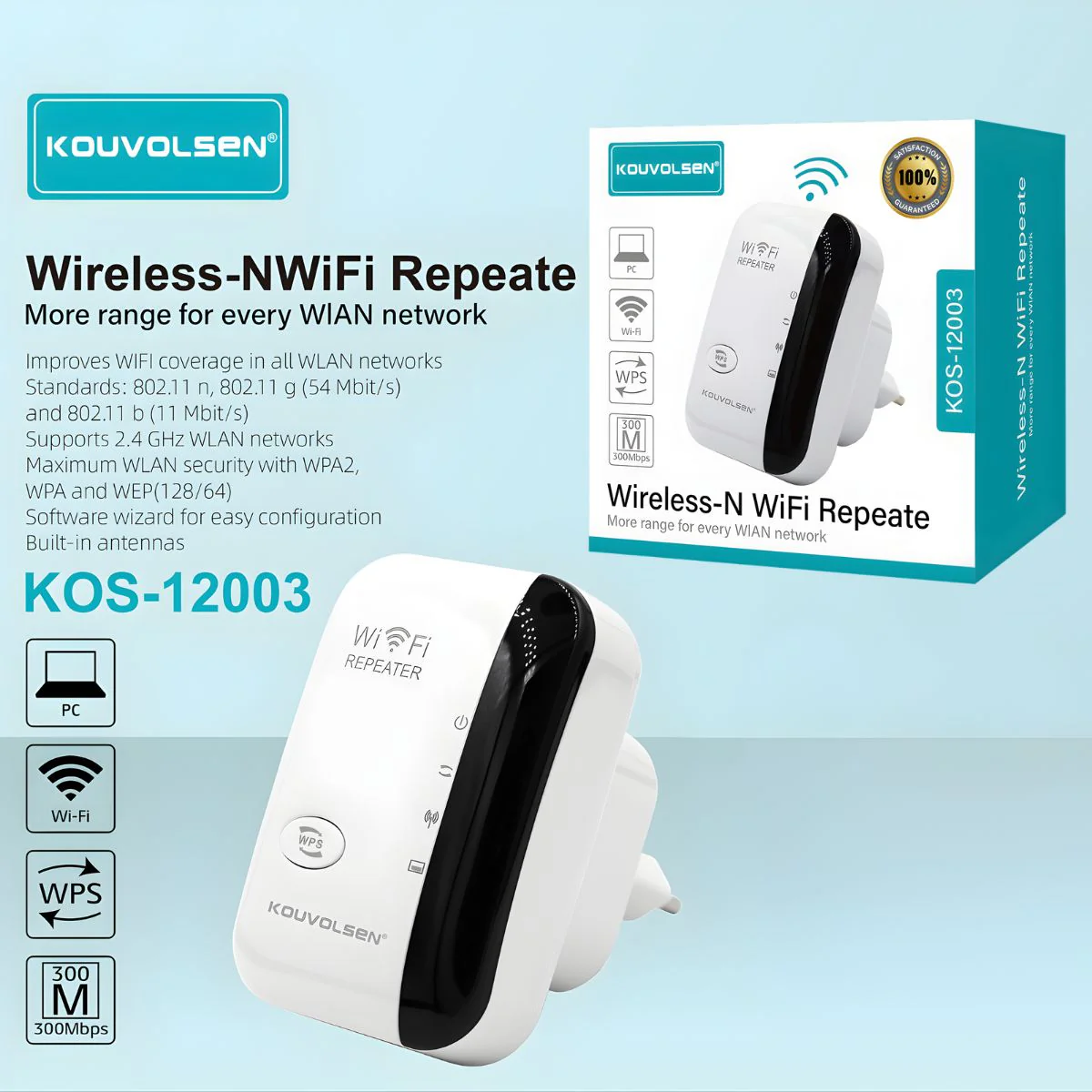 Repetidor Wifi Inalámbrico 300Mbps 2.4Ghz. Amplificador De Señal Wireless-N Con Botón WPS. Extensor De Cobertura 110V.