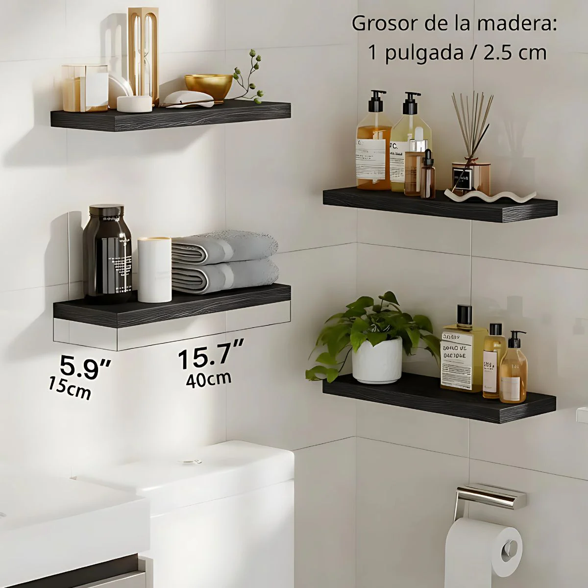 Repisa De Pared Flotantes Color Negro (Set De 4 Piezas). Repisas De Pared. Tablillas De 40X15cm. - Image 2