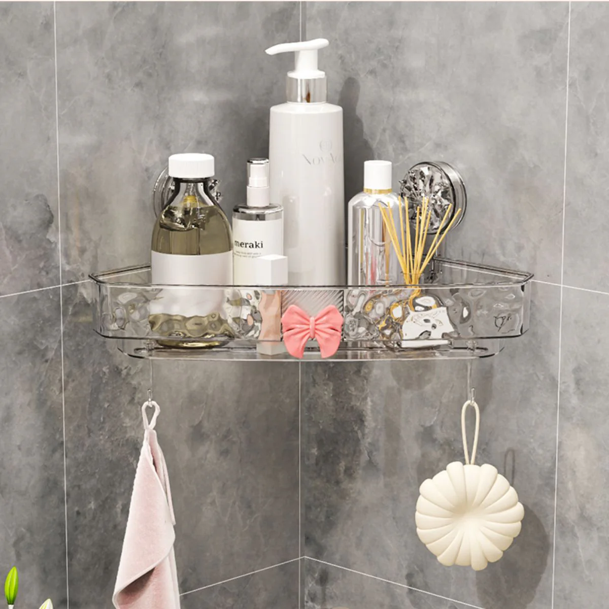 Repisa Esquinera Para Baño. Estante Flotante De Esquina Transparente Con Ventosas. Organizador De Ducha. 31.5X25x5.5Cm.