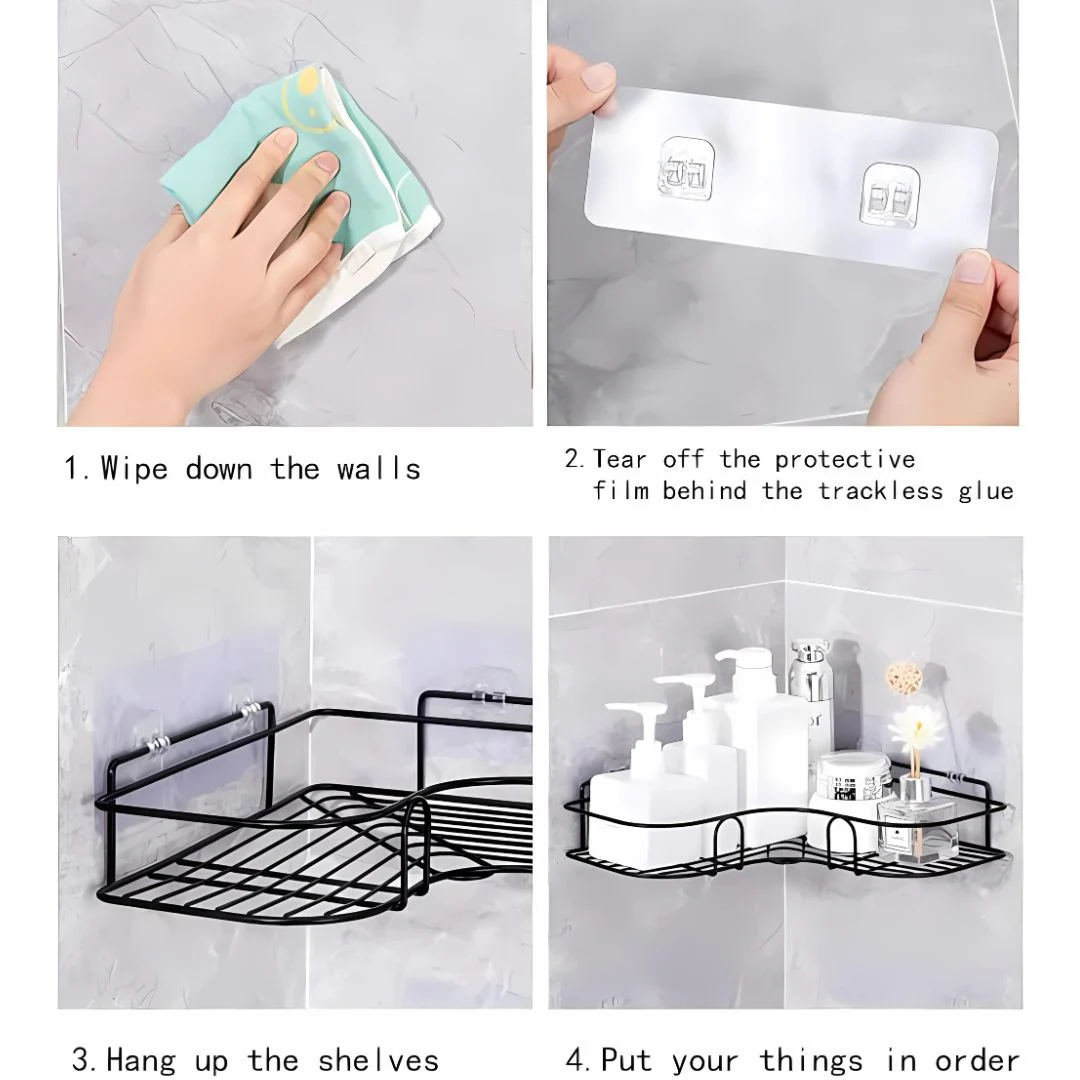 Repisas De Baño Pared De Dos Niveles. Estantes Flotantes. Tablillas Color Negro. (Set De 2 Piezas) Con 4 Placas De Fijacion Autoadhesiva. Esquinera De Ducha. - Image 3