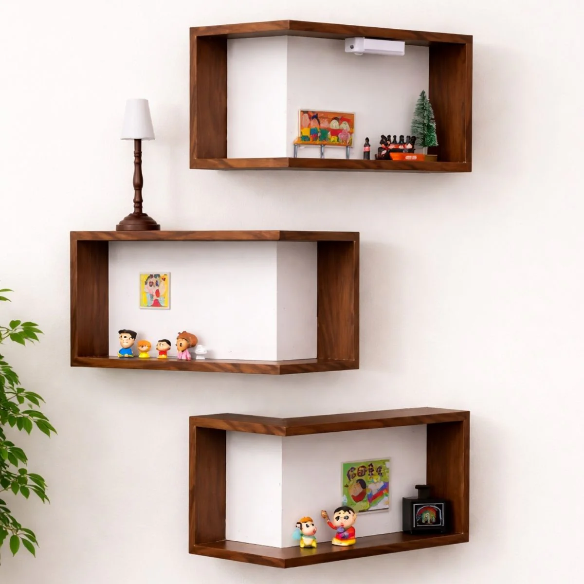 Repisas De Pared Estantes De Esquina 90° De Madera Color Nogal (Set De 3 Unds)  Para Sala, Dormitorio U Oficina Color Nogal. (40X20x20cm)