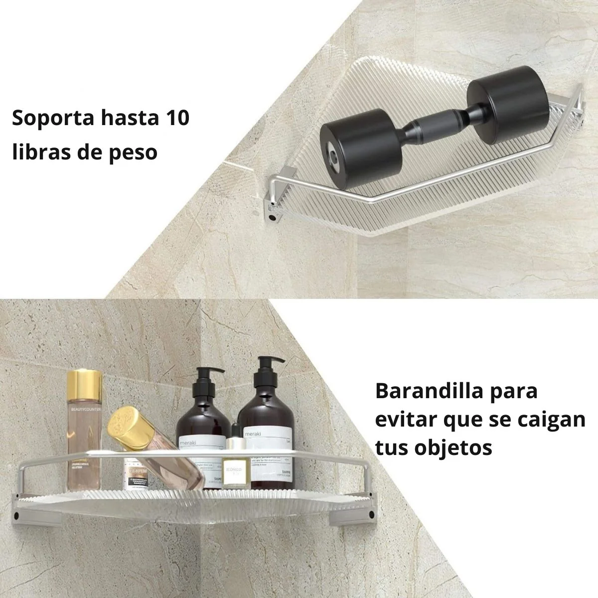 Repisas Esquineras Para Baño (2 Unds) De 13.1" X 8.7" En Acrílico Y Aluminio Aeroespacial. Organizador De Baño. Incluye 2 Ganchos. - Image 4