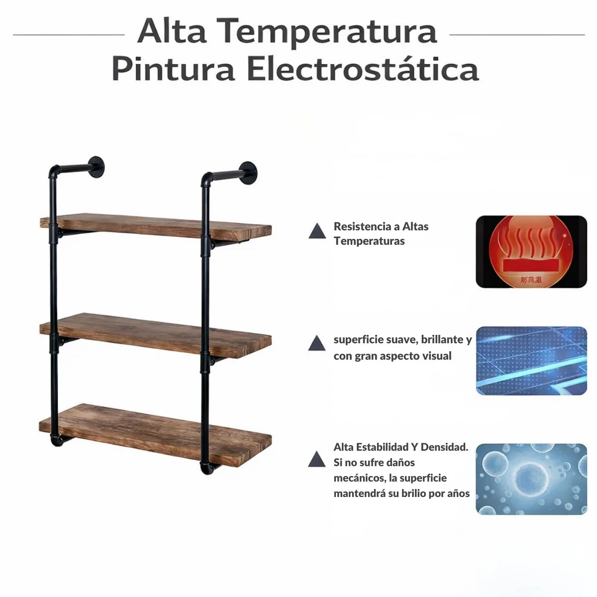 Repisas Estantes Flotantes Industrial De 3 Niveles Con Tubos De Hierro Y Madera Maciza. Repisa Decorativa Para Sala, Cocina U Oficina (80Cm) - Image 3