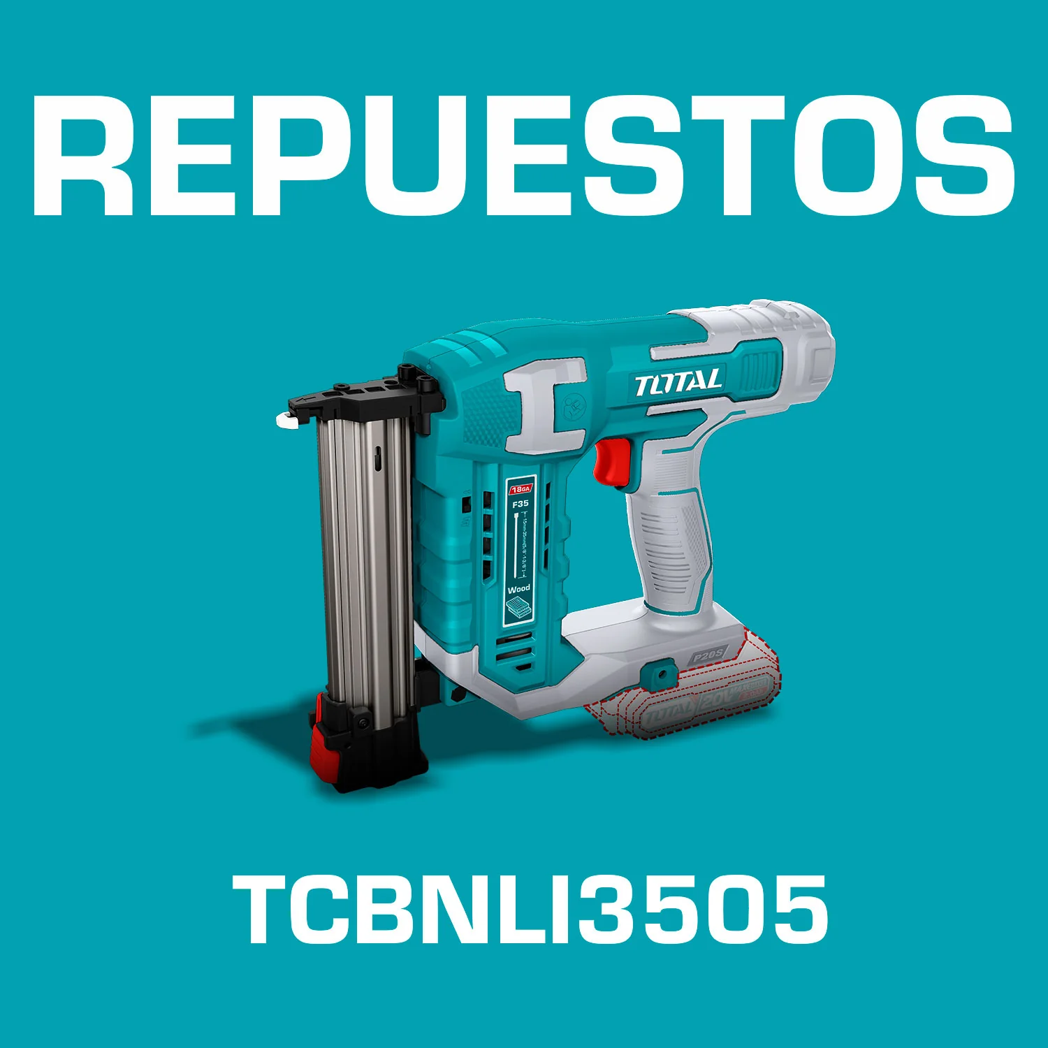 Repuestos Clavadora Madera Inalámbrica 20V De Iones De Litio. Clavos Tipo F15~F35. Codigo TCBNLI3505