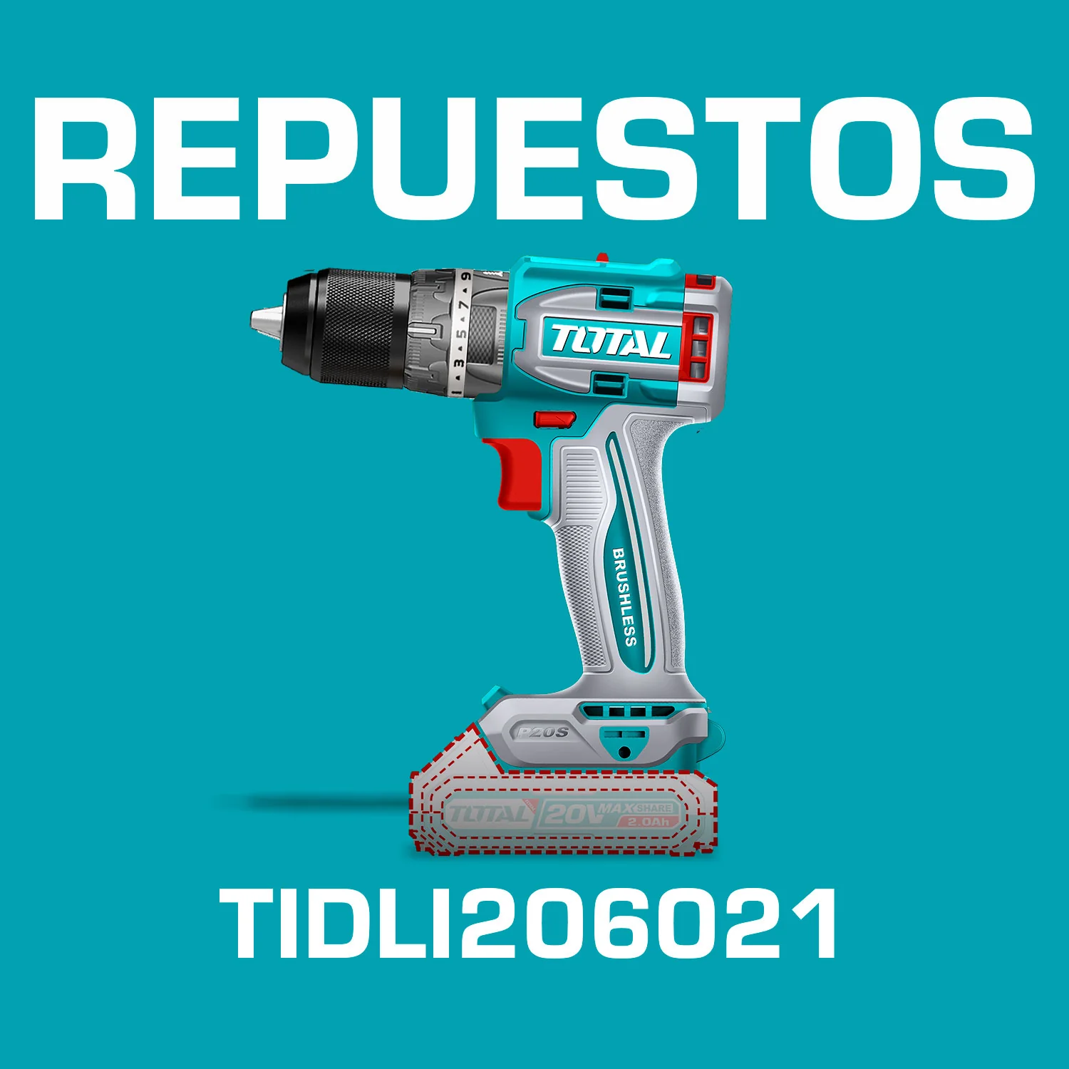 Repuestos Drill Taladro 1/2" Inalámbrico 20V De Impacto  (Sin Escobillas).  Codigo  TIDLI206021 - Image 2