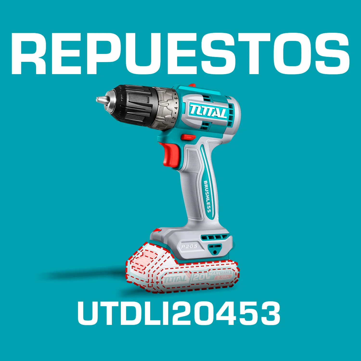 Repuestos Taladro Inalámbrico Sin Escobillas 20V 3/8" 52Nm 0-1500Rpm. Código UTDLI20453
