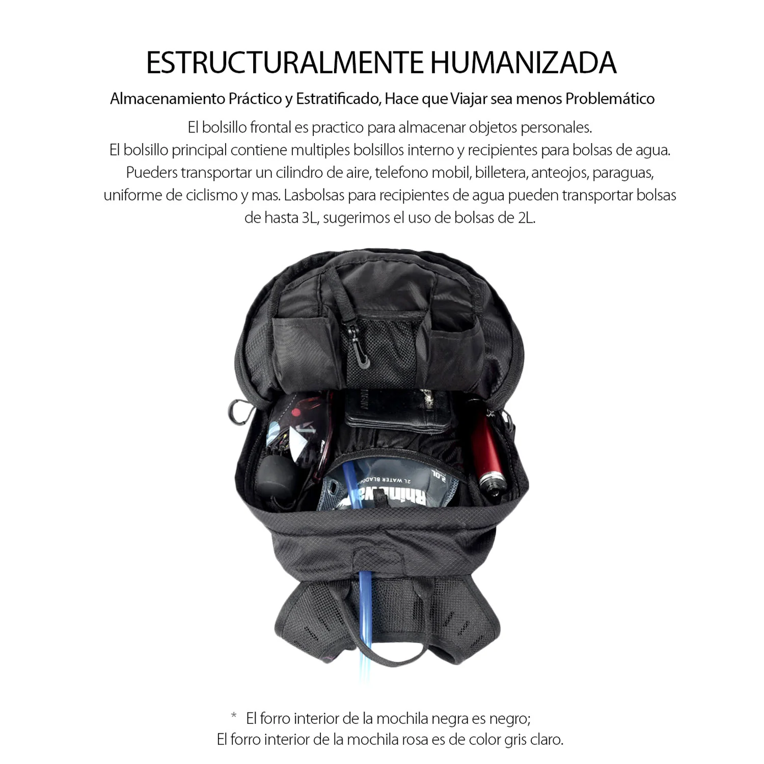 Morral De 12L, Ligero, Con Bolsillo Para Vejiga De Agua De Hasta 2L. Color Negro - Image 5