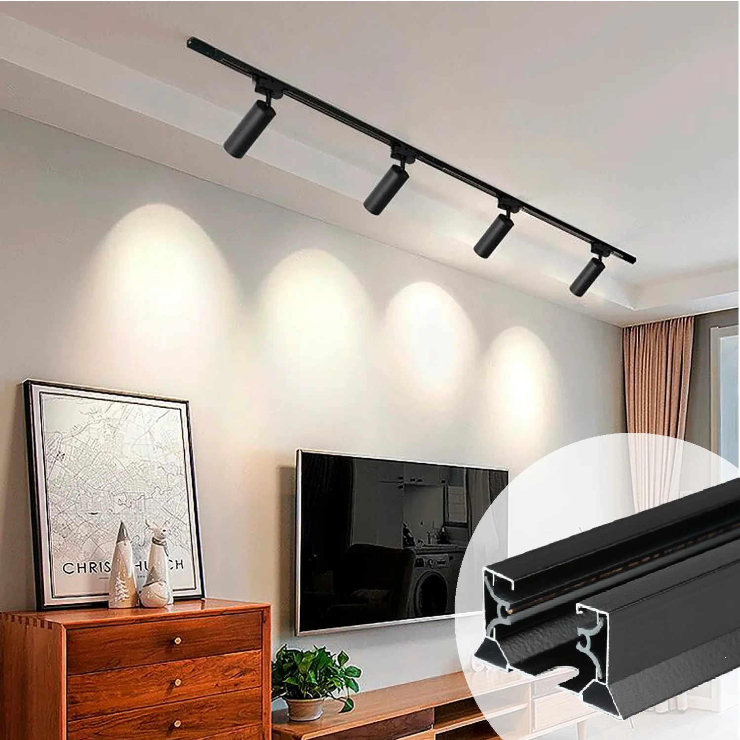 Riel Negro De Aluminio 1M Para Lamparas LED Iluminación. - Image 2