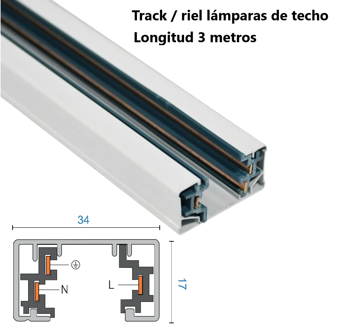 Riel Track 3 Metros Long 3 Cables Para Sistema De Lamparas Colgantes, Perfil Grueso De Alta Calidad Color Blanco