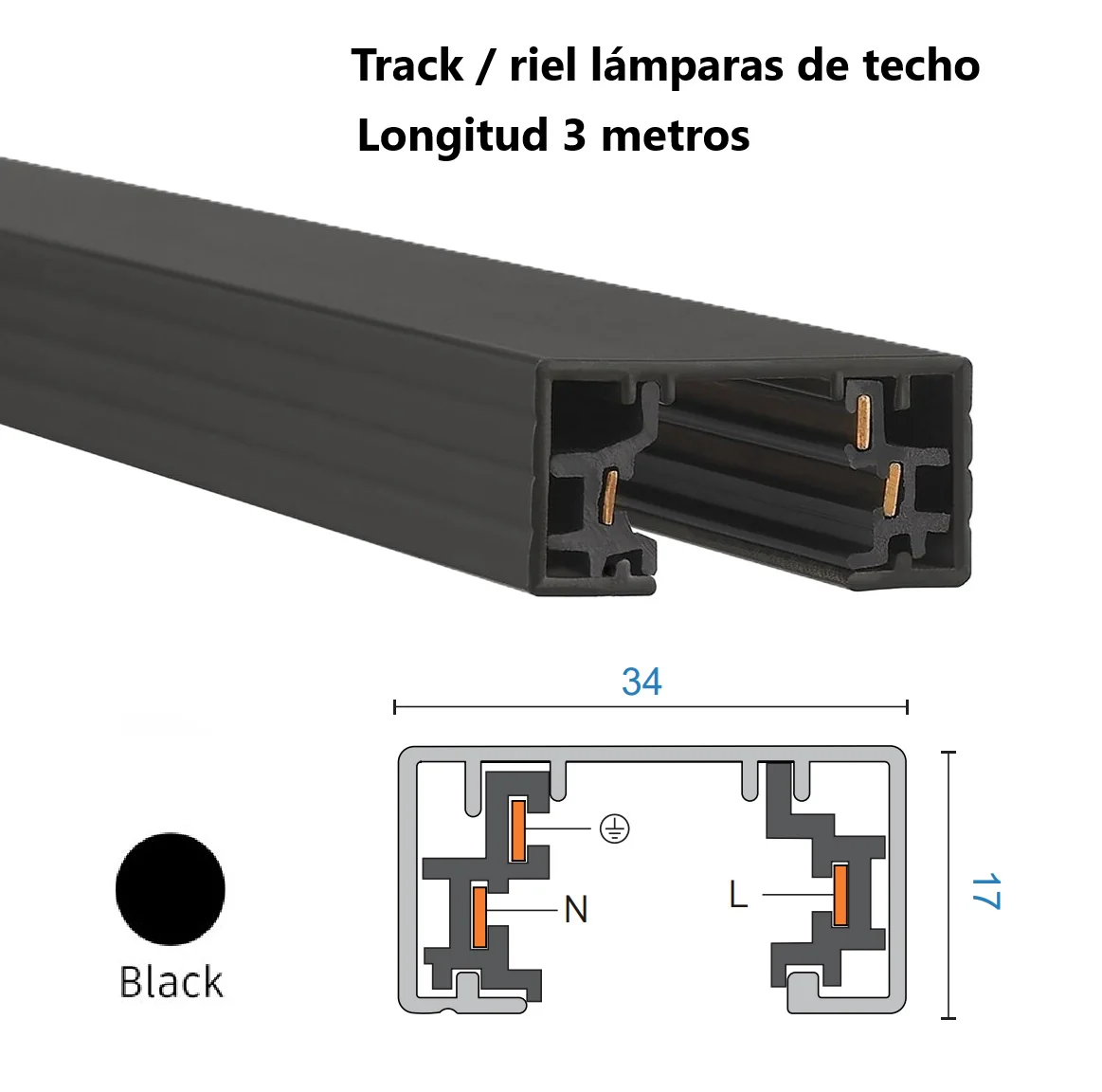 Riel Track 3 Metros Long 3 Cables Para Sistema De Lamparas Colgantes, Perfil Grueso De Alta Calidad Color Negro