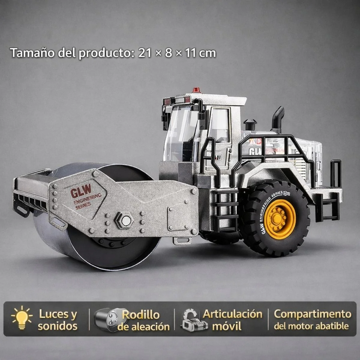 Rodillo Aplanadora Compactador De Juguete Aleación 21 Cm Con Luces Y Sonido Cabina Abatible. Vehículo Construcción A Escala. - Image 2