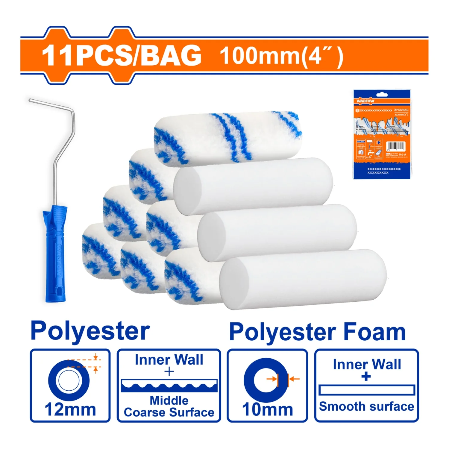 Rodillos Para Pintar 4"  Espuma Y Poliéster.11 Pzas. Ideal En Interiores. Incluye Mango. - Image 2