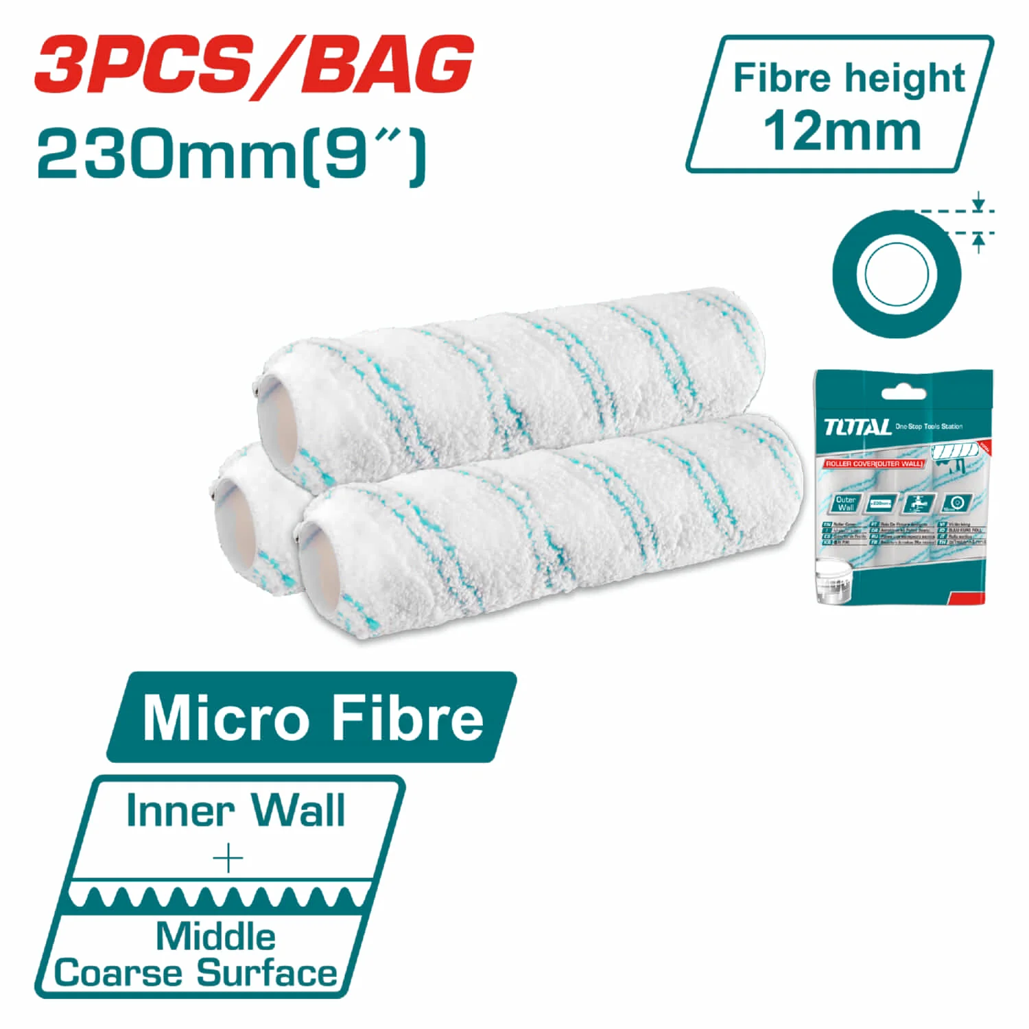 Rodillos Para Pintar 9" Paredes Internas. Altura De La Fibra 12Mm. Microfibra. Cubiertas Para Rodillos. Set De 3 Piezas.