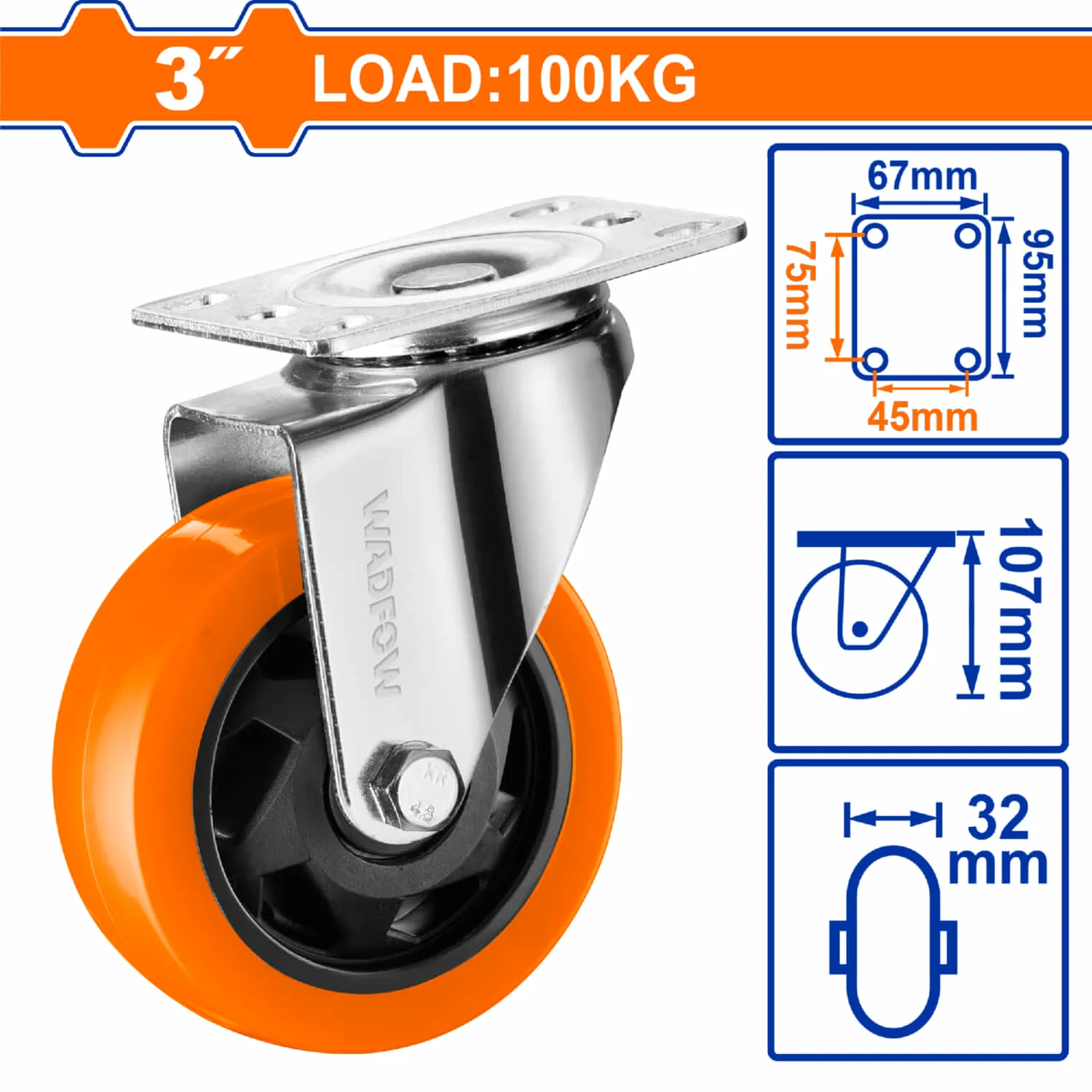 Rueda Giratoria 3" Serie Trabajo Mediano Carga 100Kg Poliuretano PU Naranja