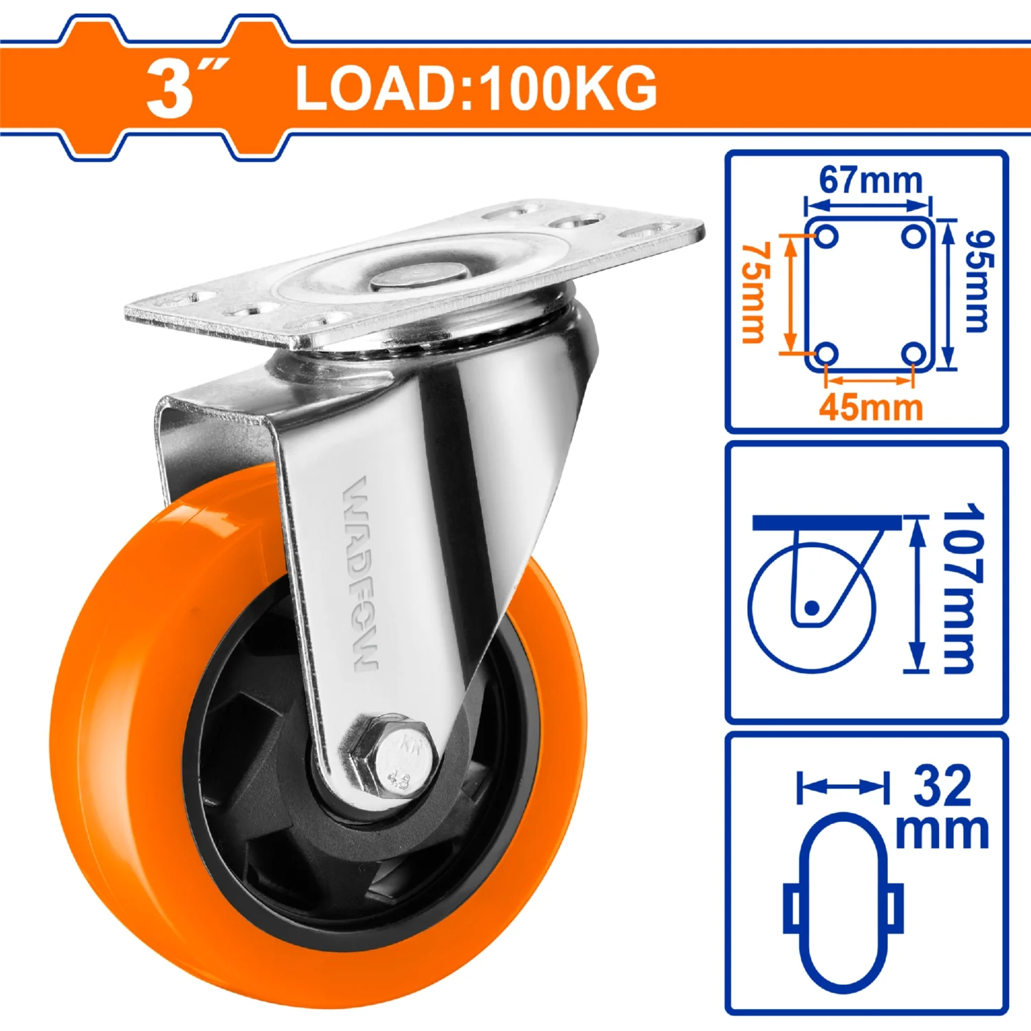 Rueda Giratoria 3" Serie Trabajo Mediano Carga 100Kg Poliuretano PU Naranja - Image 2