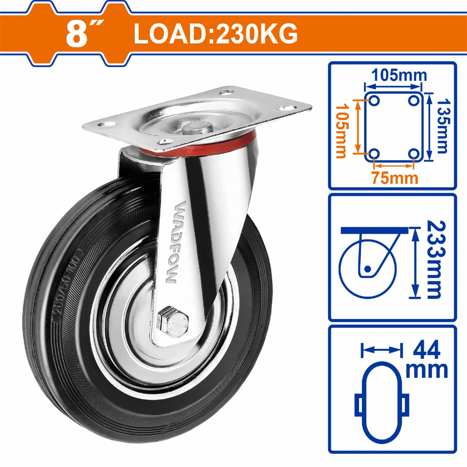 Rueda Giratoria De 8" Serie Trabajo Pesado Carga: 230Kg Rueda: Acero + Goma