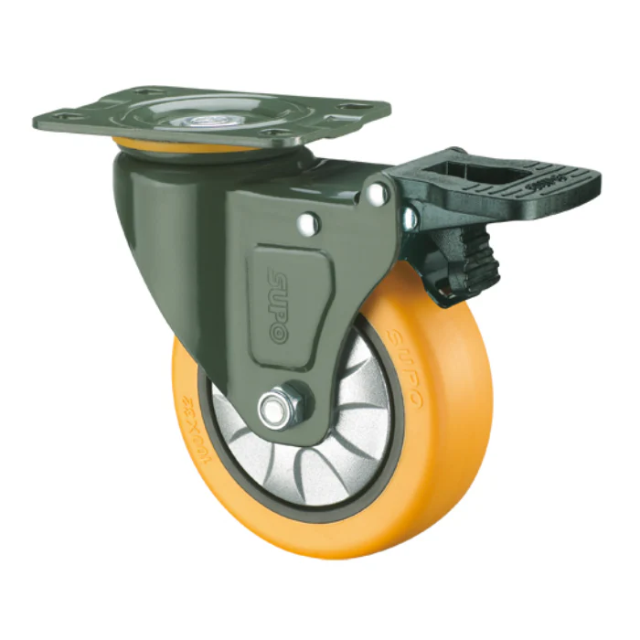 Rueda Giratoria Freno Serie Trabajo Mediano 100Mm 4" Capacidad Rueda 130Kg Poliuretano PU Naranja