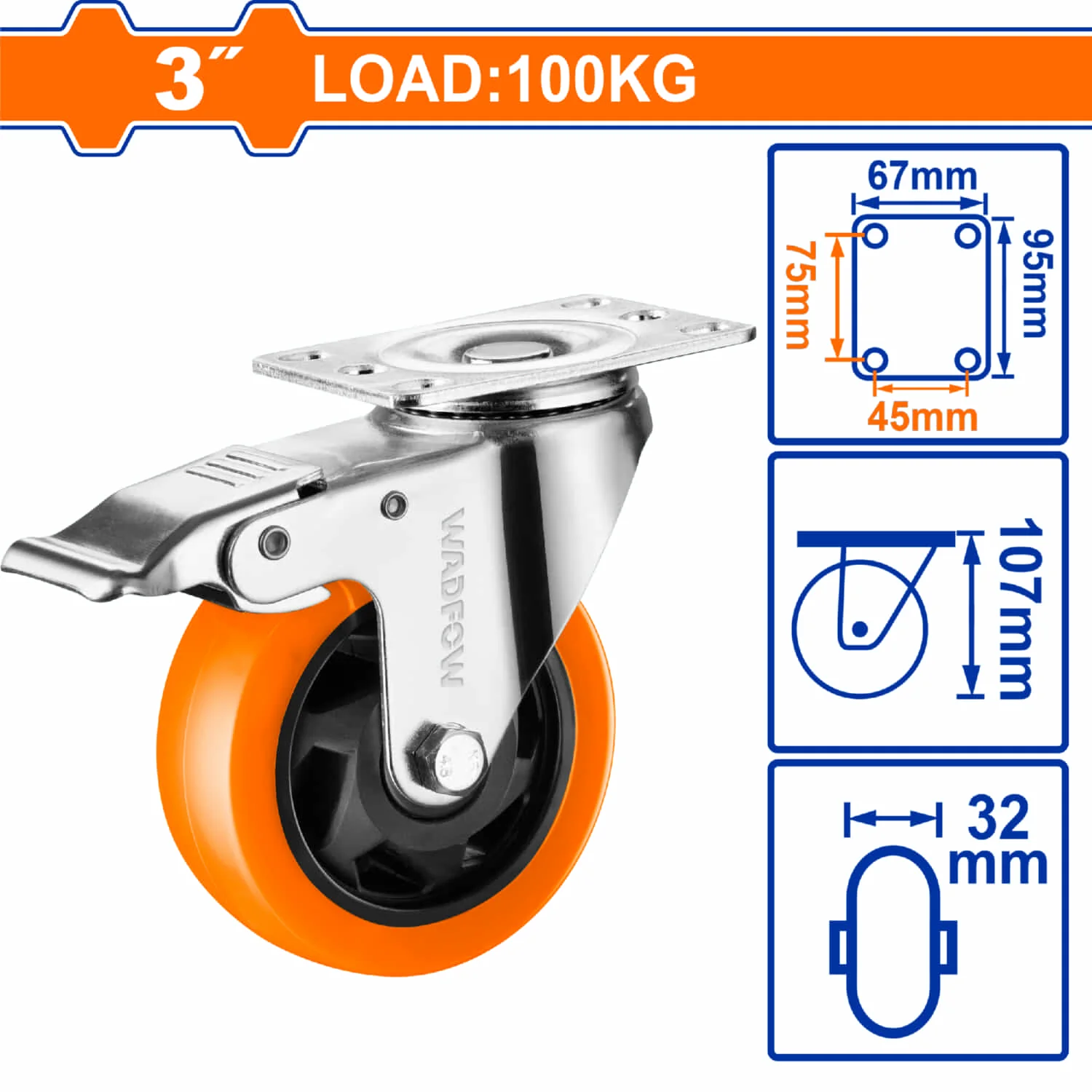 Rueda Giratoria Freno Serie Trabajo Mediano 3" Capacidad Por Rueda 100Kg Poliuretano PU Naranja