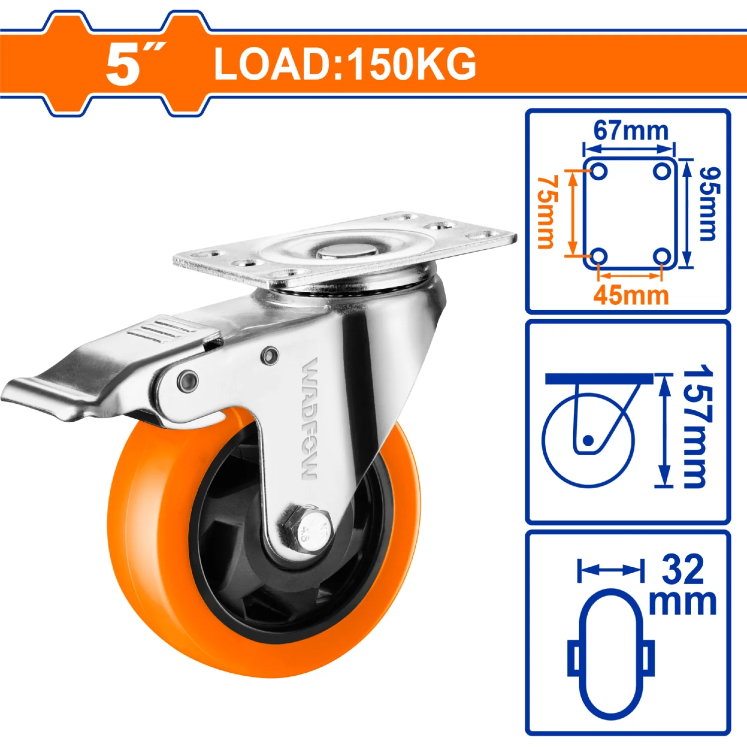Rueda Giratoria Freno Serie Trabajo Pesado 5" Capacidad Por Rueda 150Kg Poliuretano PU Naranja - Image 2
