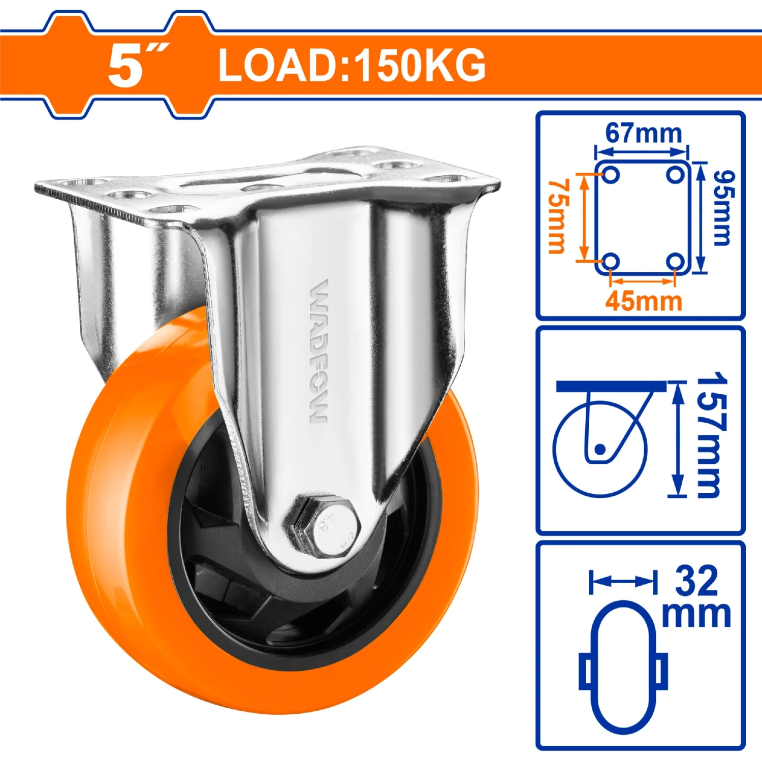 Rueda Giratoria Rígida 5" Serie Trabajo Pesado Carga 150Kg Poliuretano PU Naranja - Image 2