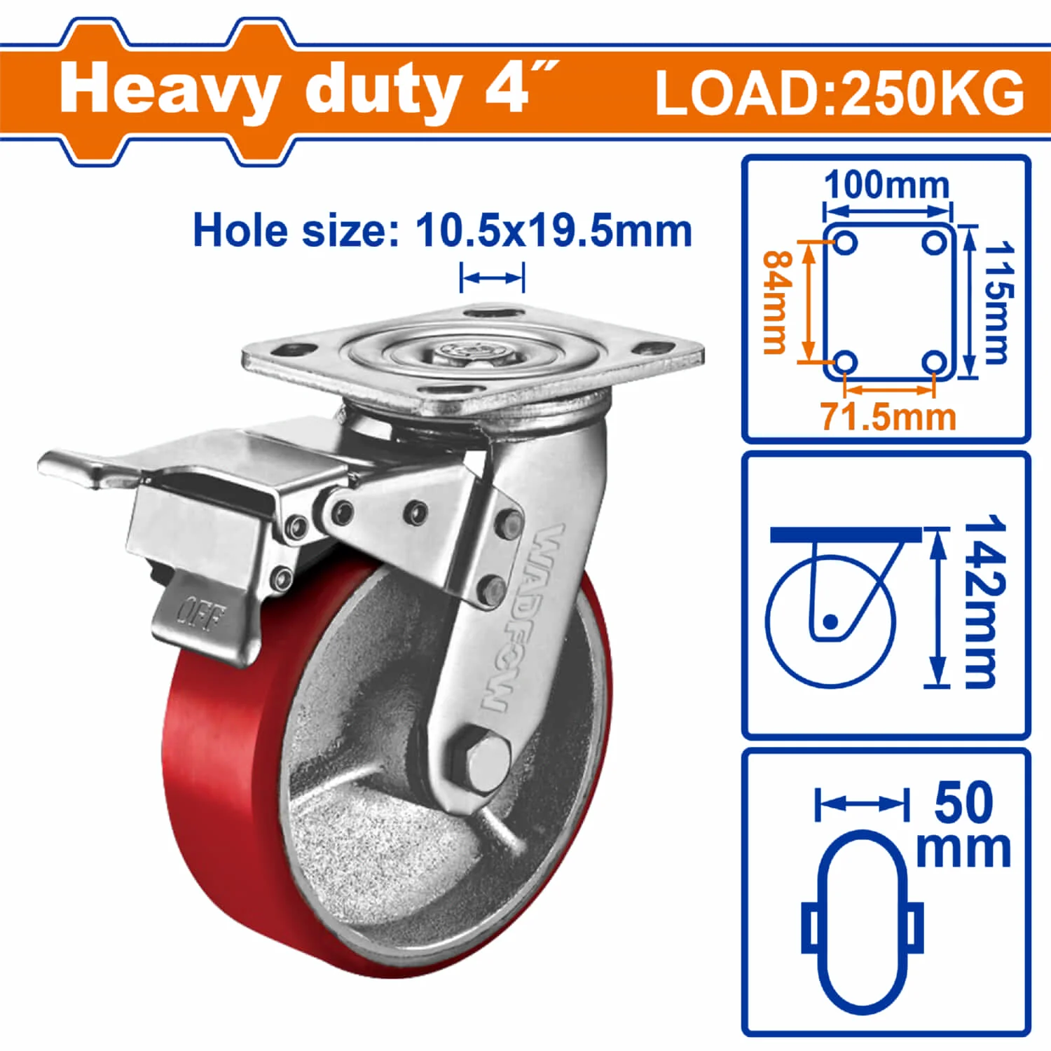 Rueda Giratoria Con Freno 4" Serie Trabajo Pesado Carga 250Kg Acero Y Plástico Rojo. Rodachin