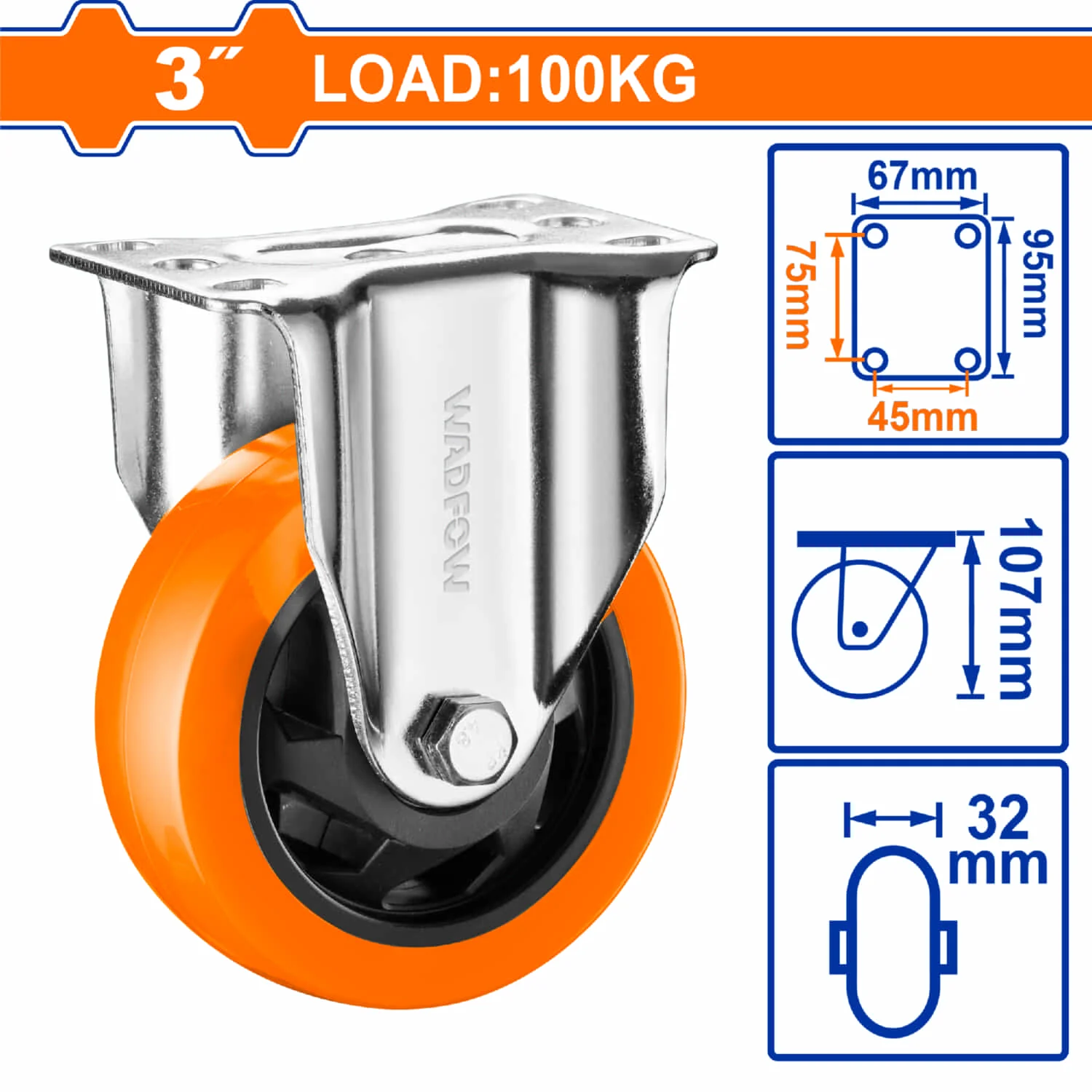 Rueda Rígida 3" Serie Trabajo Mediano Carga 100Kg Poliuretano PU Naranja
