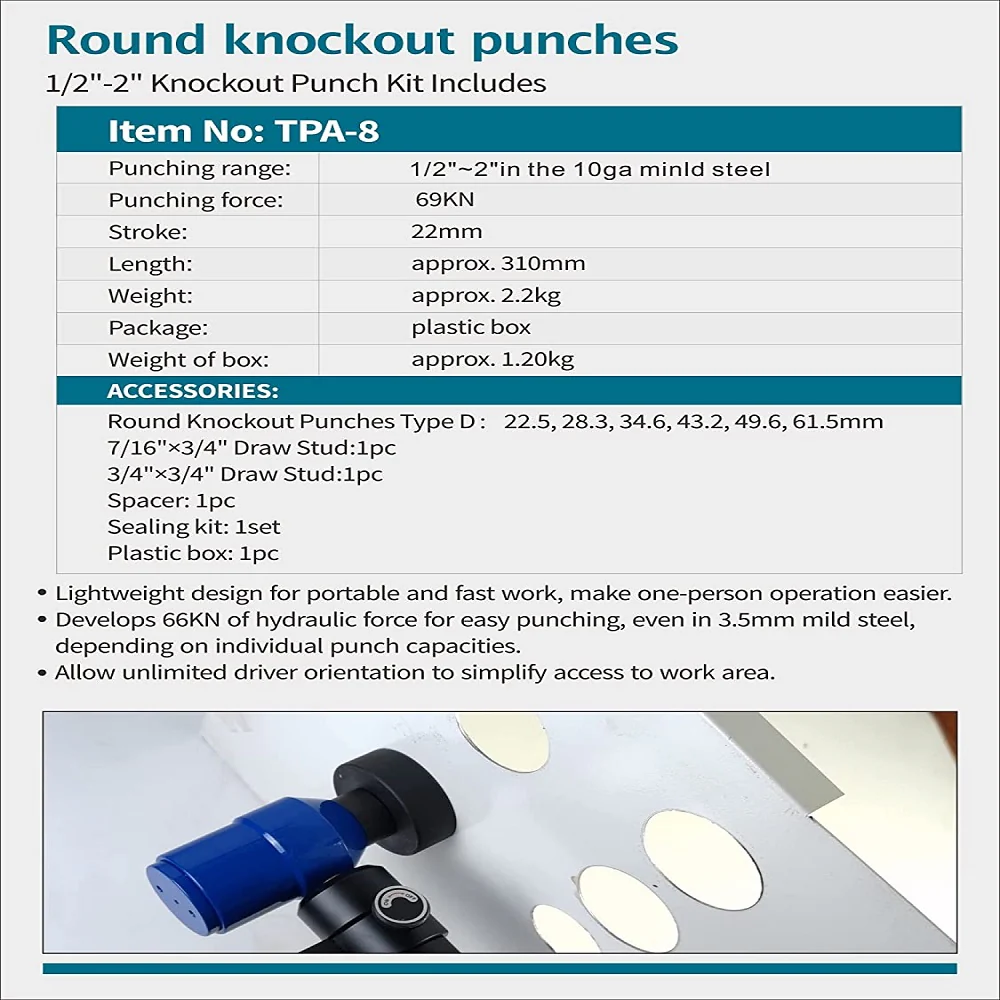 Sacabocados Knockout Punch De 1/2” A 2" Perforador Hidráulico De Láminas De Metal - Image 5